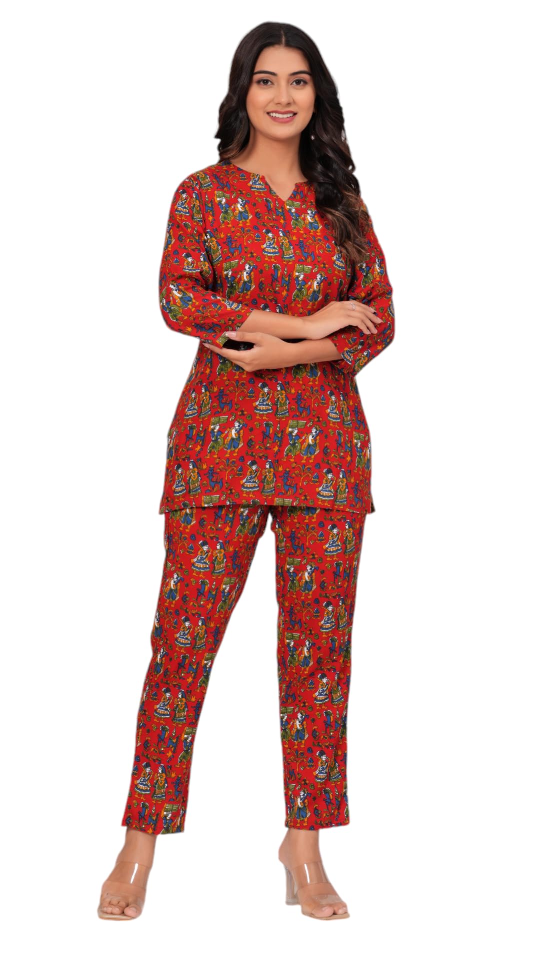 Jikonet Women Cotton Printed Co-Ord Set Kurta Set With Pant Set (Maroon, X-Small)