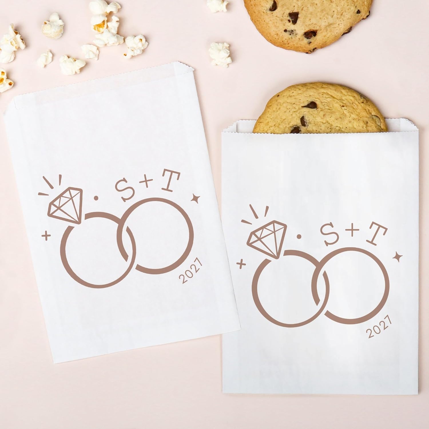 Big Dot of Happiness Personalized Mocha Brown Wedding Rings Paper Treat Bags, Custom Monogram Initials Engagement Party Candy Snack Favors, Greaseproof White Sandwich Cookie Bags - 25 Count