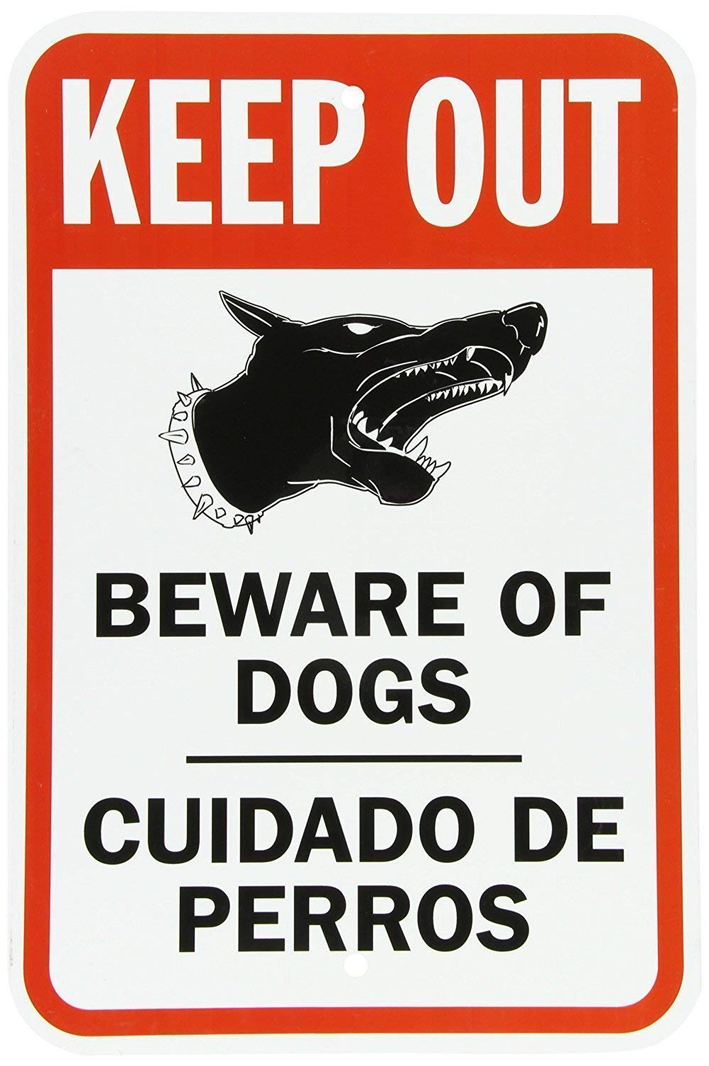 FlyssAluminum Sign, Legend Keep Out Beware of Dogs, Bilingual Sign with Graphic, 8" X 12" inch, Black/Red on White