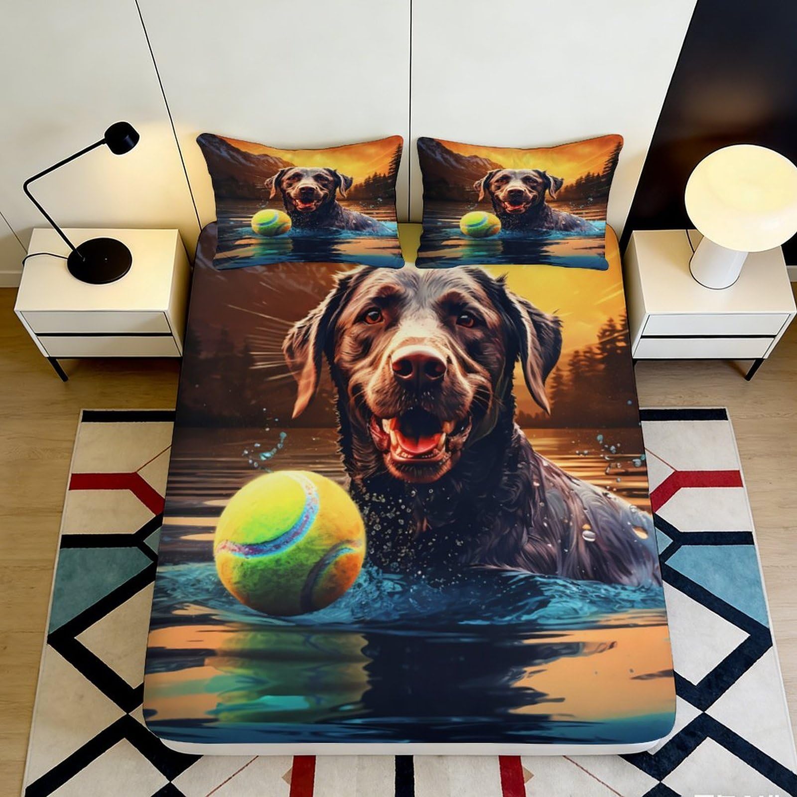 Dhbaneiok Style-8 3D Printed Black Labrador Dog Fitted Sheet Microfiber Water Ball Pattern Mattress Cover Bedroom Decor Washable 90X200x25cm