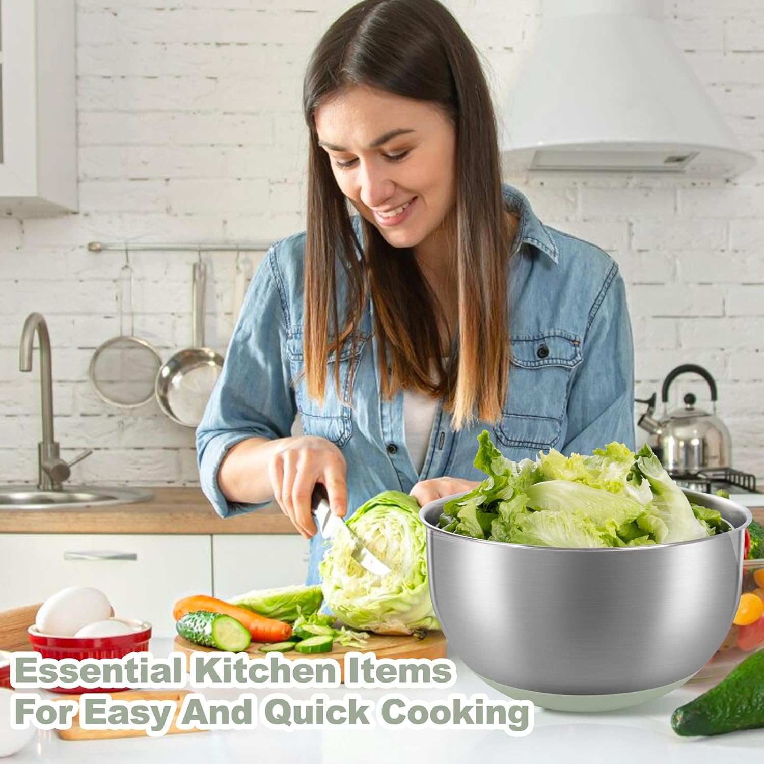 supernal 5.3Qt Stainless Steel Salad Spinner Large with Stop Button Vegetable Dryer Salad Chopper Bowl Non-Slip Base Dishwasher Safe Fruit Washer Transparent Lid & Drainage Hole Vibrant Green