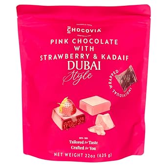 Chocovia Pink Chocolate with Strawberry & Kadaif, Dubai Style Individually Wrapped Gourmet White Chocolate Bites, Premium Strawberry Filling, Crispy Kadaif Texture, 22 oz 625 g Bag