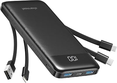 Charmast Power Bank, Slim 10000mAh Powerbank mit 4 Kabel und LED-Display, 6 Ausgängen Klein Aber Stark USB C Externe Handyakkus Kompatibel mit iPhone 17 16 15 14 13 12 11 Pro Max Plus Samsung Tablet