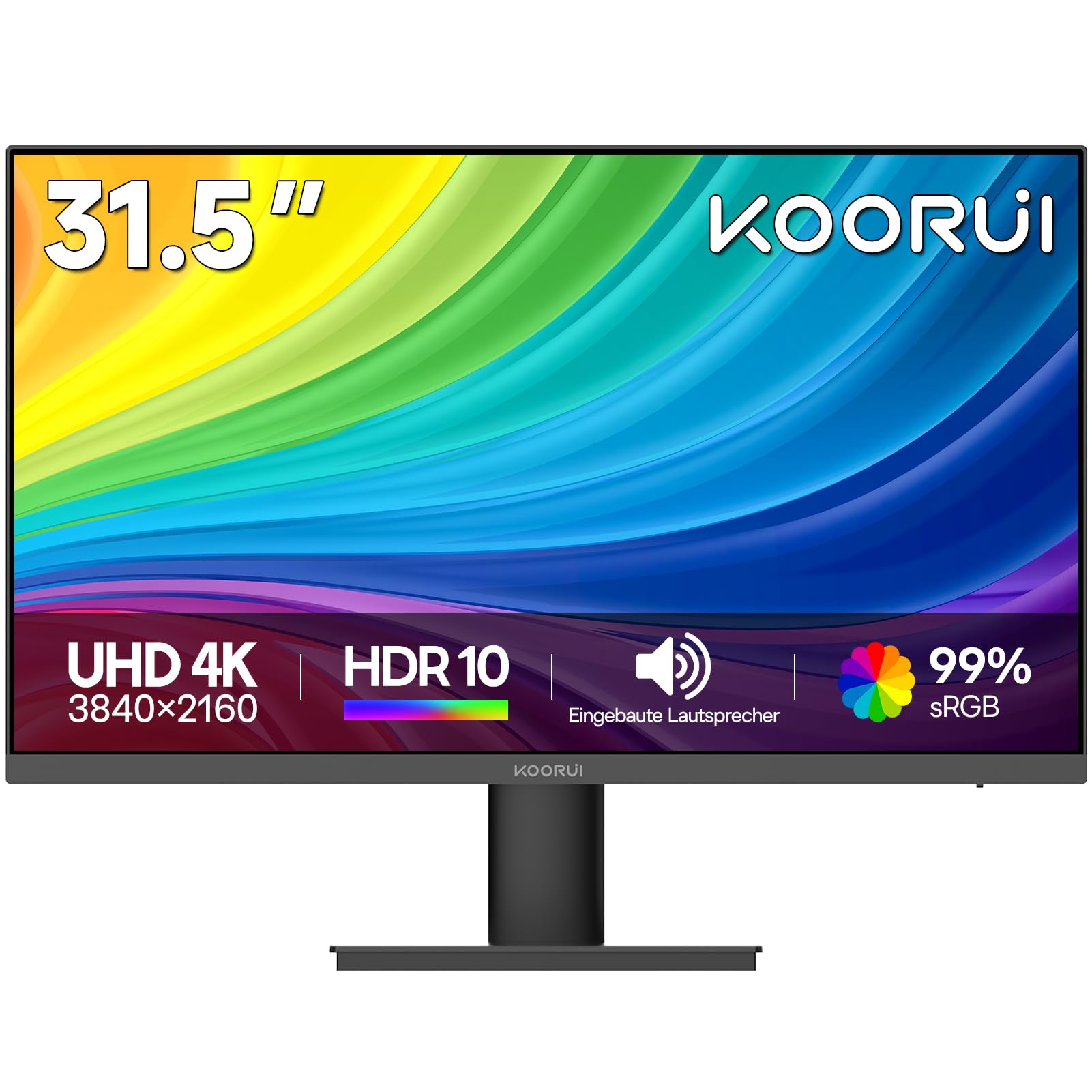 KOORUI 32 Zoll 4K Monitor, UHD 3840 x 2160, 60Hz, VA Panel, Lautsprecher | Adaptive Sync, HDR10, 95% DCI-P3, Low Blue Light Eye Care, HDMI 2.0/DP 1.4, VESA 100x100 mm, Homeoffice Büro Gaming Monitor