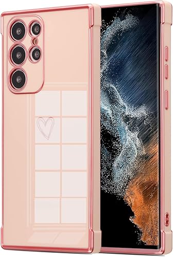 Miniatura 7 de DEFBSC Funda compatible con Samsung Galaxy S22 Ultra con corazón dorado, borde chapado de lujo, protección completa de la cámara, para mujeres y