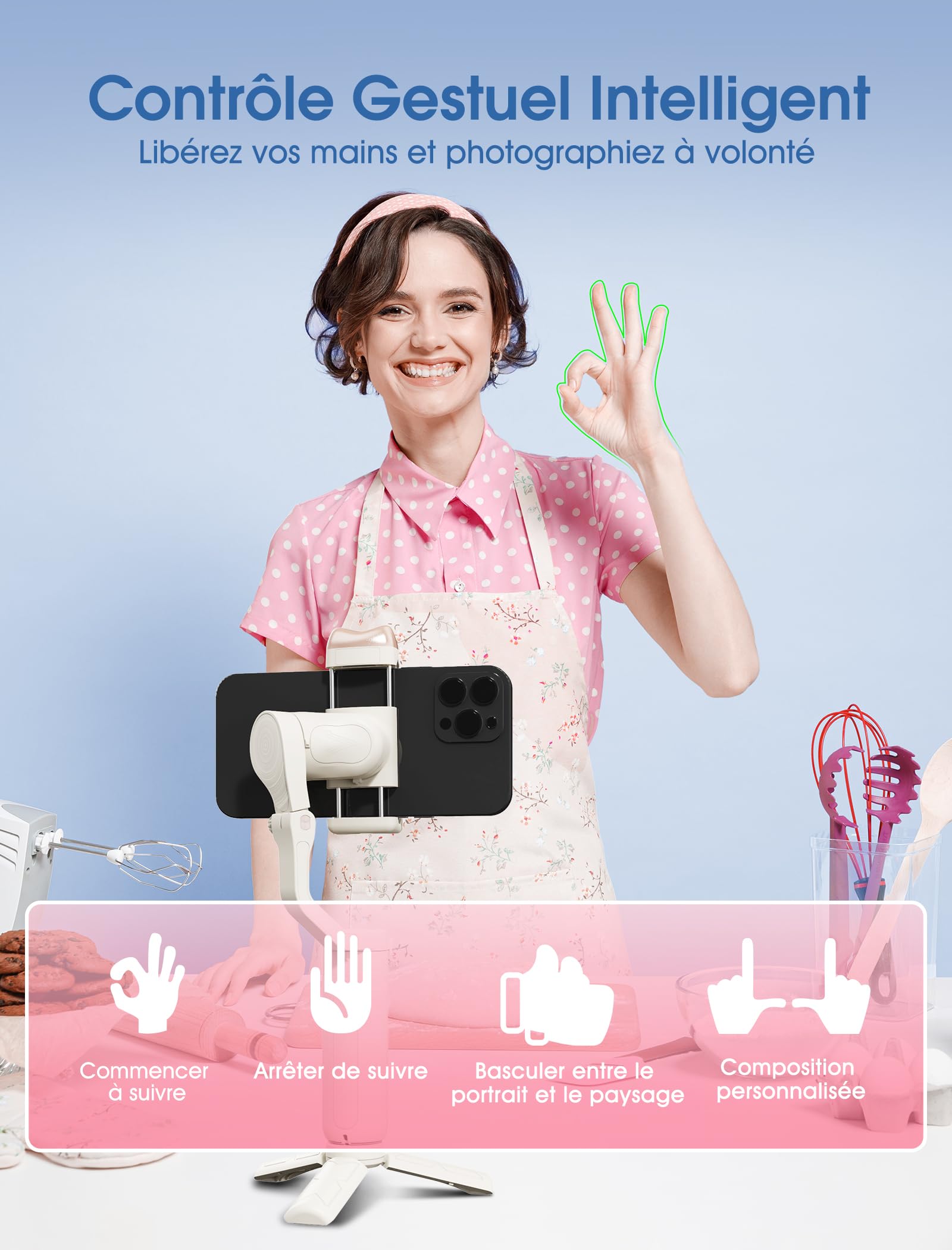 hohem iSteady V2S 3 Axes Stabilisateur pour Smartphone, AI Tracking, Portable et Pliable, pour Android et iPhone avec Lumière de Remplissage, Stabilisateur pour Vlogging/Youtube/TikTok