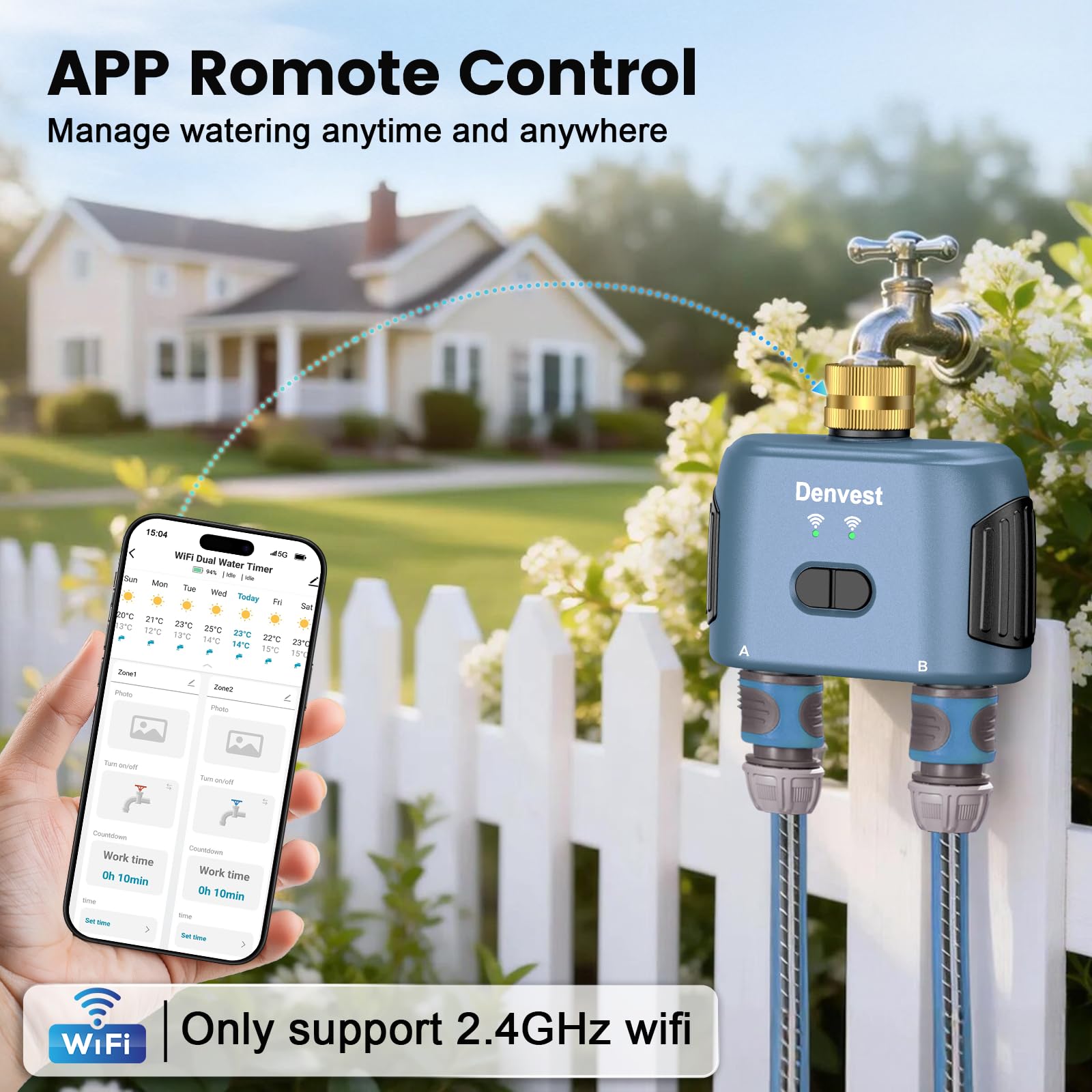 Timer wody WiFi do węża ogrodowego z mosiężnym wlotem, inteligentny timer węża z koncentratorem WiFi, aplikacją i sterowaniem głosowym, do 20 planów nawadniania, 2-strefowy kontroler systemu