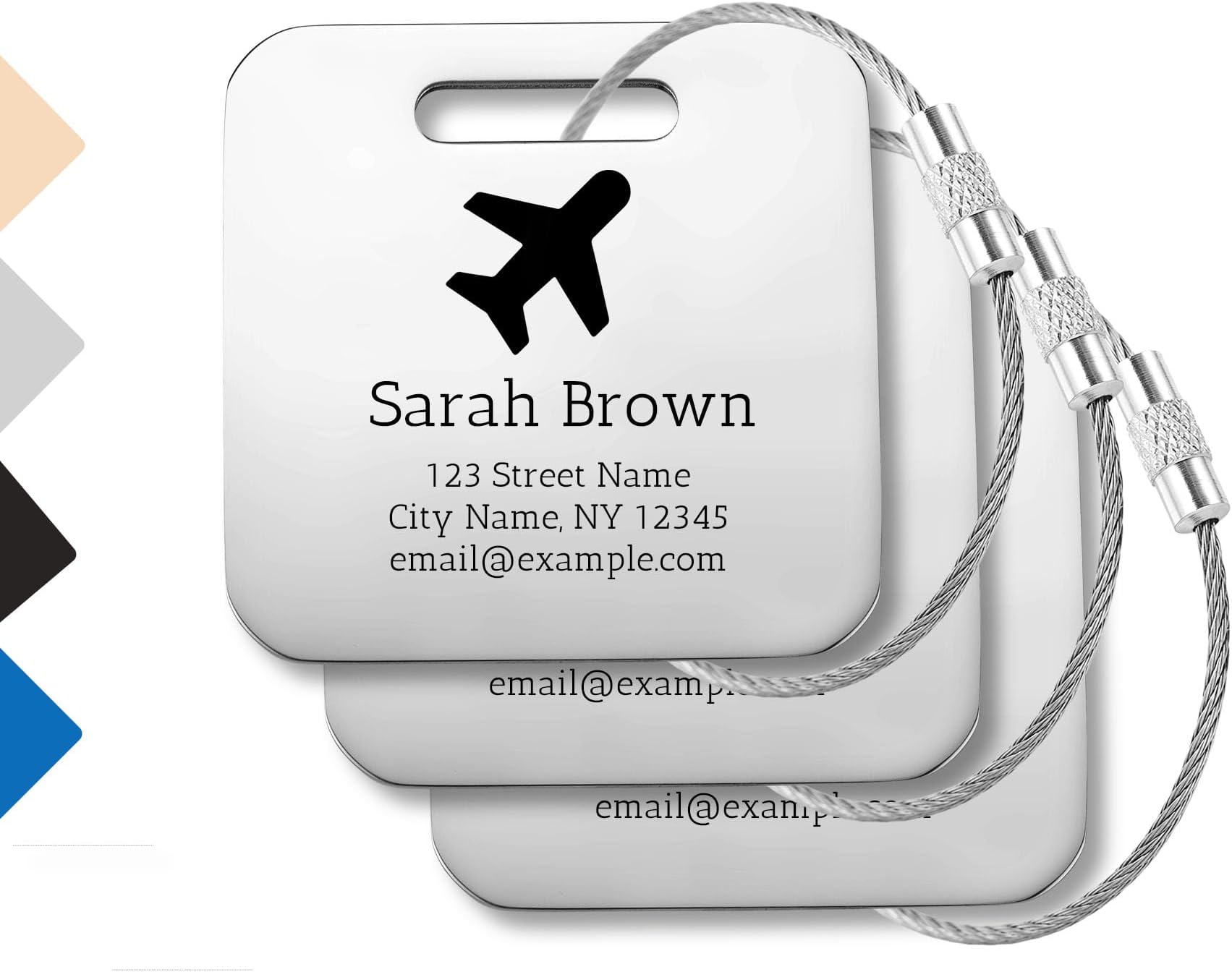 MMXX 3 Pcs Personalized Luggage Tags Custom Name Address Symbol Durable Stainless Steel Luggage Tags for Suitcases Backpack Handbag Come with 2 Types of Hanging Rings - Silver