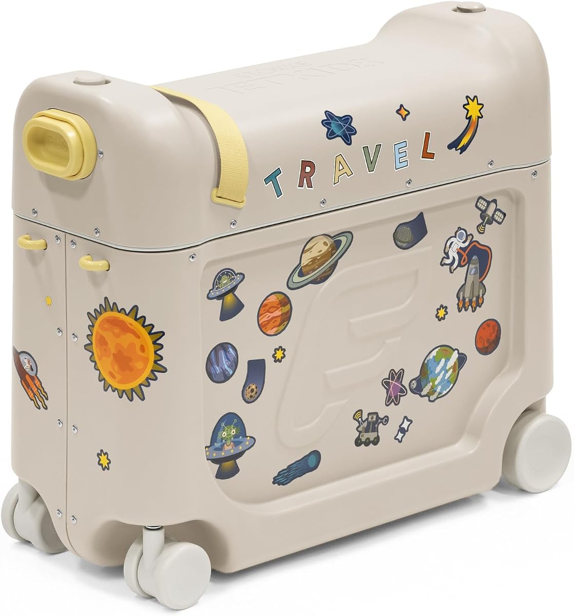 JetKids BedBox, Moonglow White - Maleta para niños de 2 a 7 años (hasta 77 lbs) - Se transforma en una cama de avión para niños pequeños - Incluye colchón, pegatinas decorativas y correa ajustable