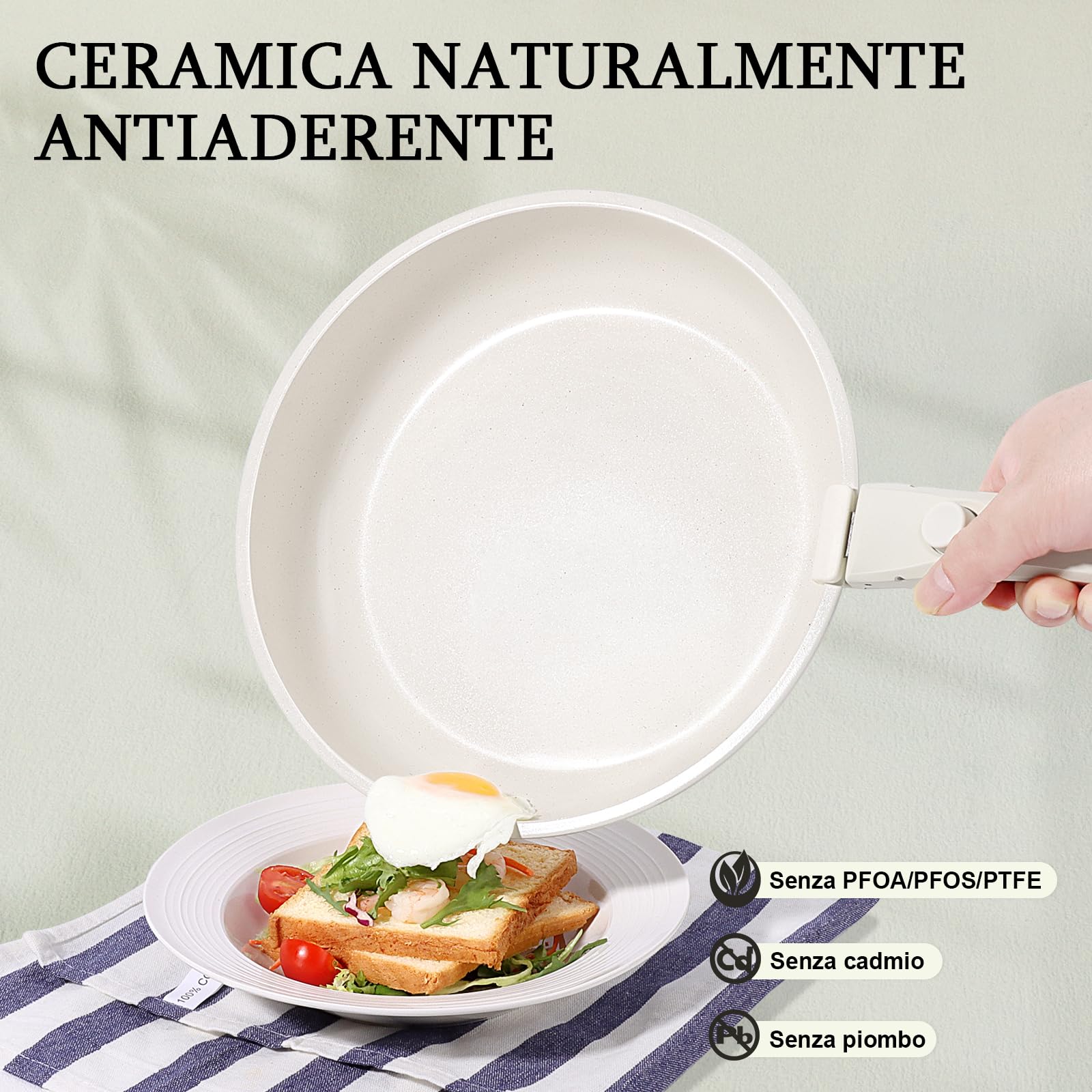 GiPP Set di Pentole e Padelle Ceramiche Antiaderenti 5 Pezzi con Manico Amovibile - Cucina Sana per Camper, Senza Tossine, Compatibile Induzione Forno Lavastoviglie