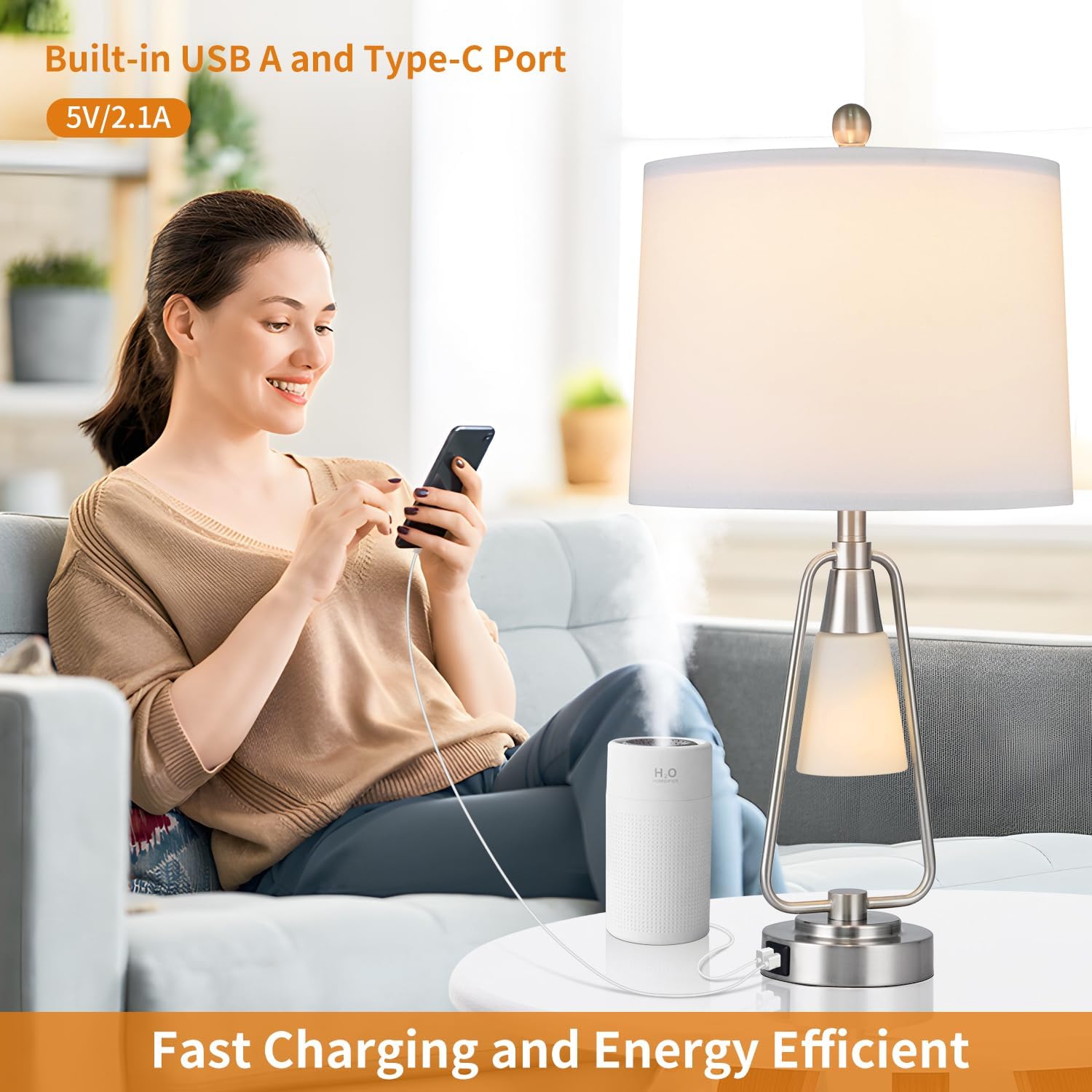 AKASUKI 25Inch Silver Metal Table Lamps for Bedrooms Set of 2, 3-Way Dimmable Bedside Lamp Touch Control Lamps with USB and Type-C Ports, Table Lamp for Living Room Bedroom (LED Bulbs Included)