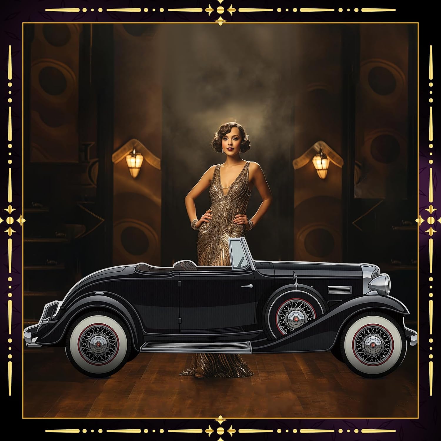 20s 9.2 x 3.3 ft Gangster Car Cardboard Cutout Mafia Party Decorations Photo Booth Props Frame Background Banner Backdrop for Gatsby Speakeasy Gangster Mafia Vintage 1920s Car Decor