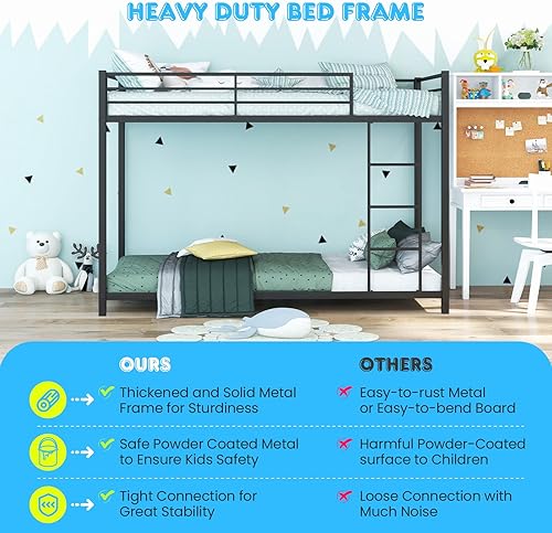 Miniatura 3 de GOFLAME Litera de tamaño individual sobre individual, litera con marco de metal con escalera y barandilla de protección, marco de cama con listones