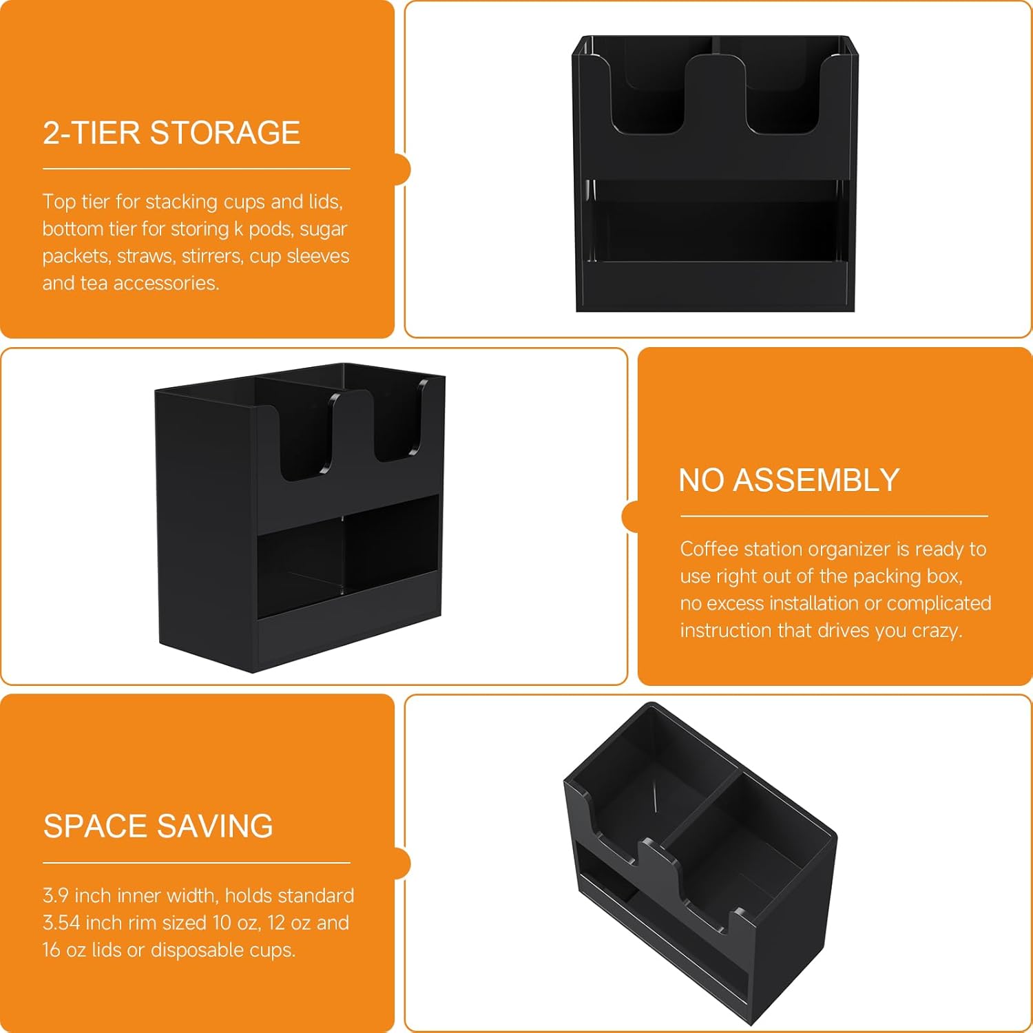 Beego 3-Compartment Cup Holder for Countertop - 2-Tier Black Acrylic Cup Dispenser Coffee Station Paper Cup and Lid Organizer Condiment Storage for Restaurant Breakroom Kitchen Bar Accessories