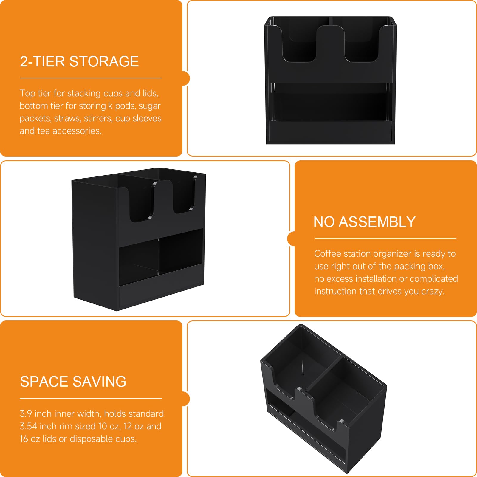 Beego Portavasos de 3 compartimentos para encimera, dispensador de tazas de acrílico negro de 2 niveles, estación de café, taza de papel y tapa, organizador de condimentos para restaurante, sala de