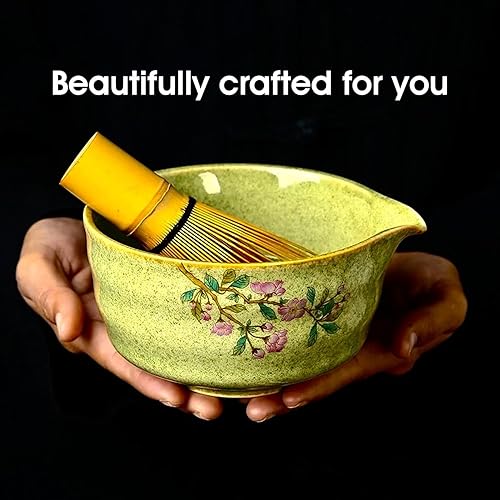 Miniatura 3 de Juego de batidores de matcha, kit de matcha japonés de 7 piezas con cuenco y soporte de cerámica floral, batidor de bambú natural, cuchara,