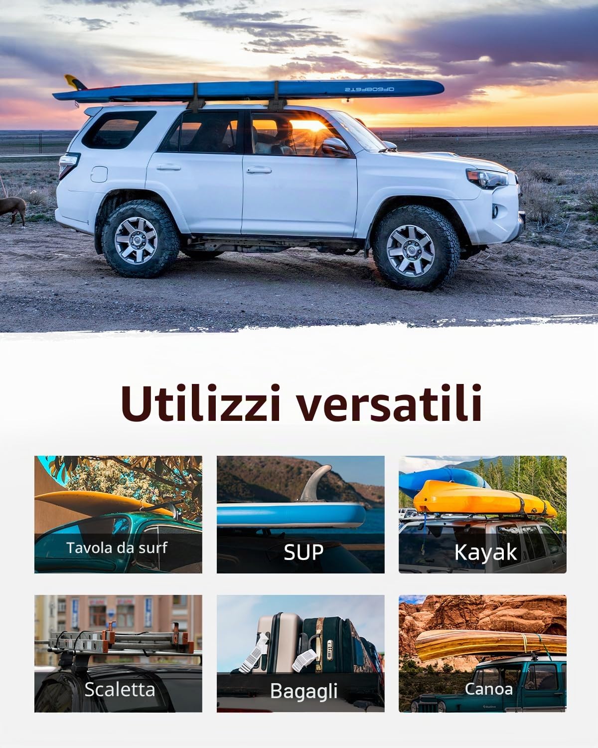 Abahub Soft Roof Rack Pads per tavola da surf, SUP, kayak, canoa, con 4 cinghie di ancoraggio, 2 corde di ancoraggio, 2 passanti per il cappuccio e custodia (da utilizzare senza traversa)