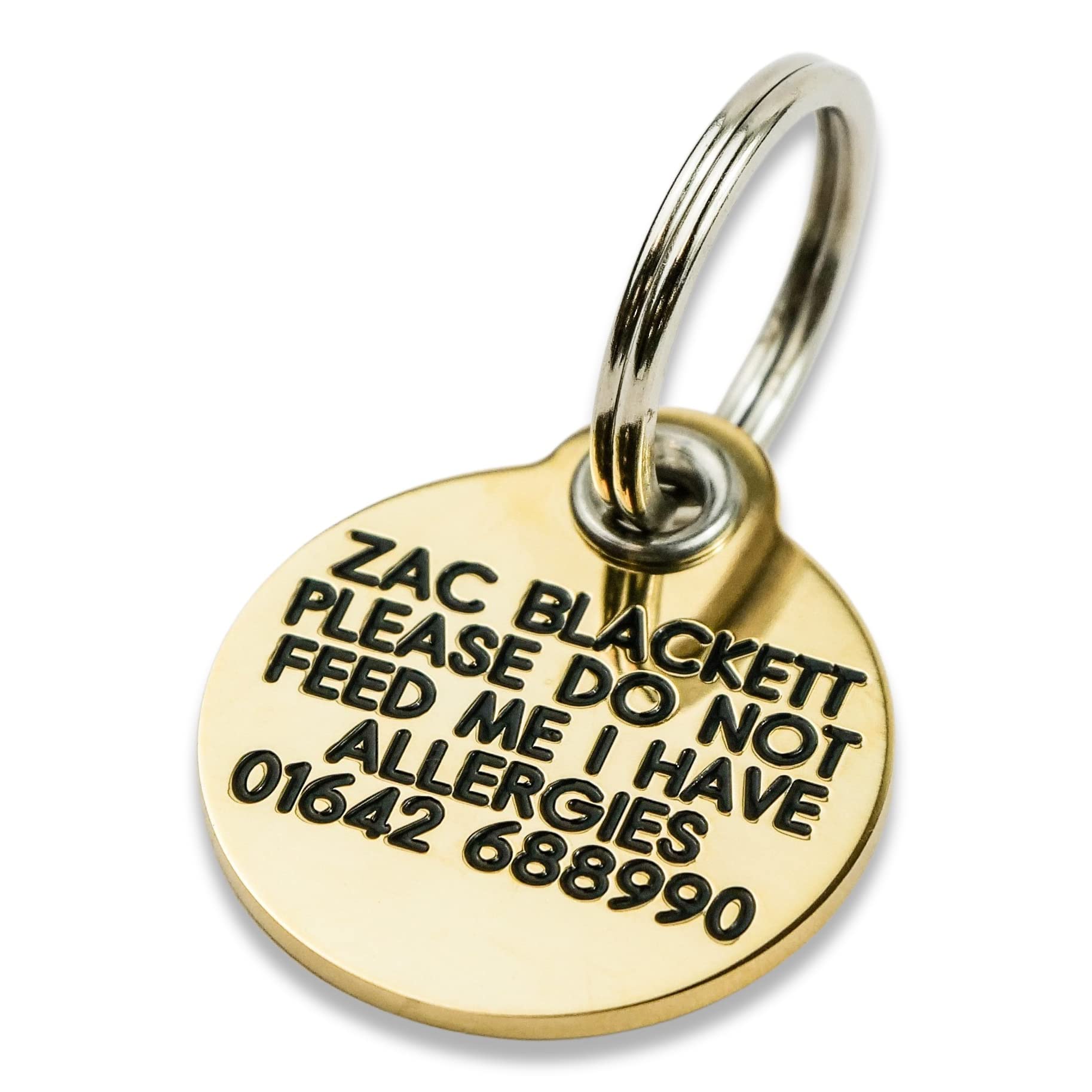 Engraved Dog tag, Deeply Engraved, Reinforced Solid Brass 27mm Circular Dog tag