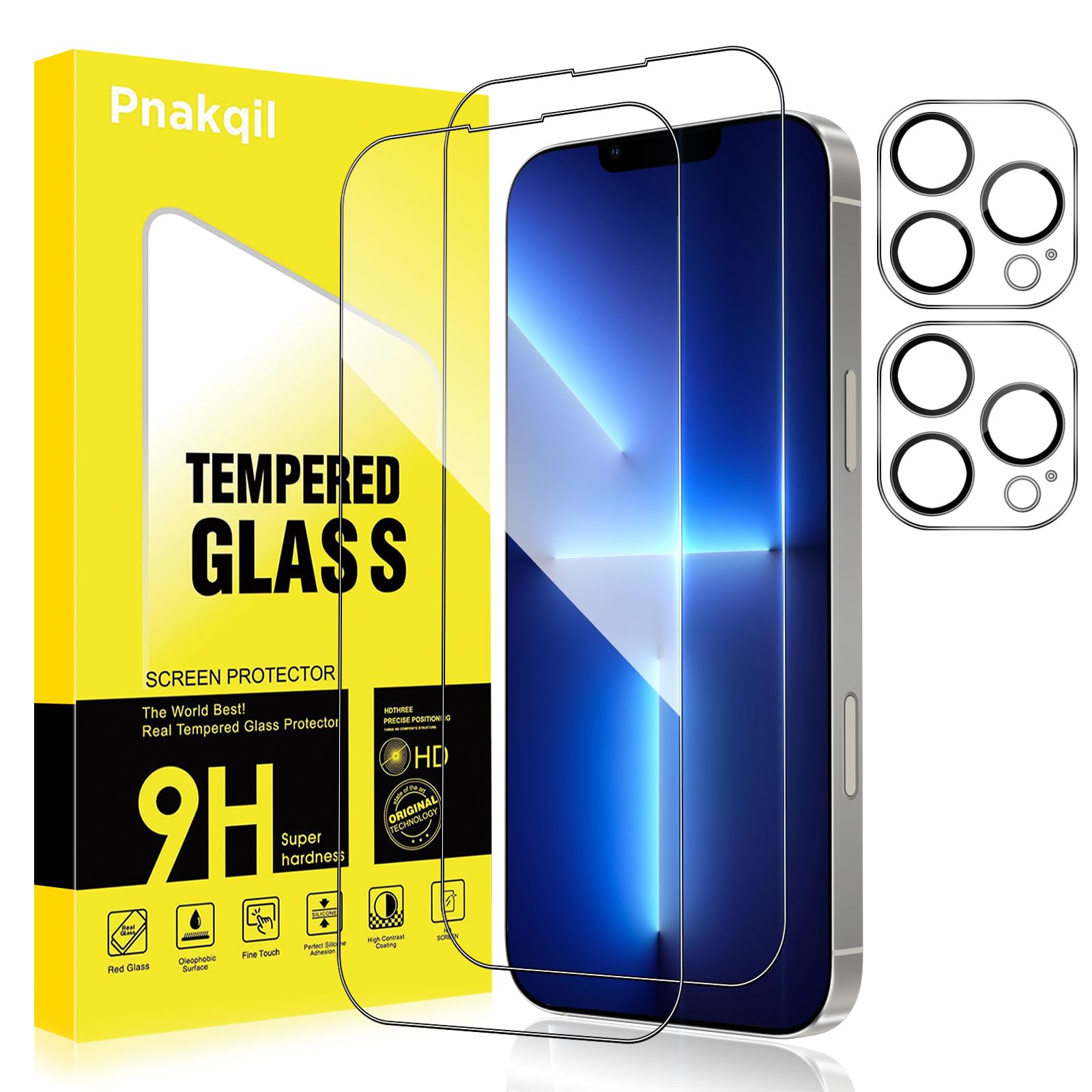 Pnakqil Protector Pantalla para iPhone 13 Pro Max con Protector Lente de Camara,Cristal Templado Vidrio Pelicula 9H Dureza Ultra HD Ultra Resistente Anti-Arañazos Instalación Fácil Screen,2+2 Piezas