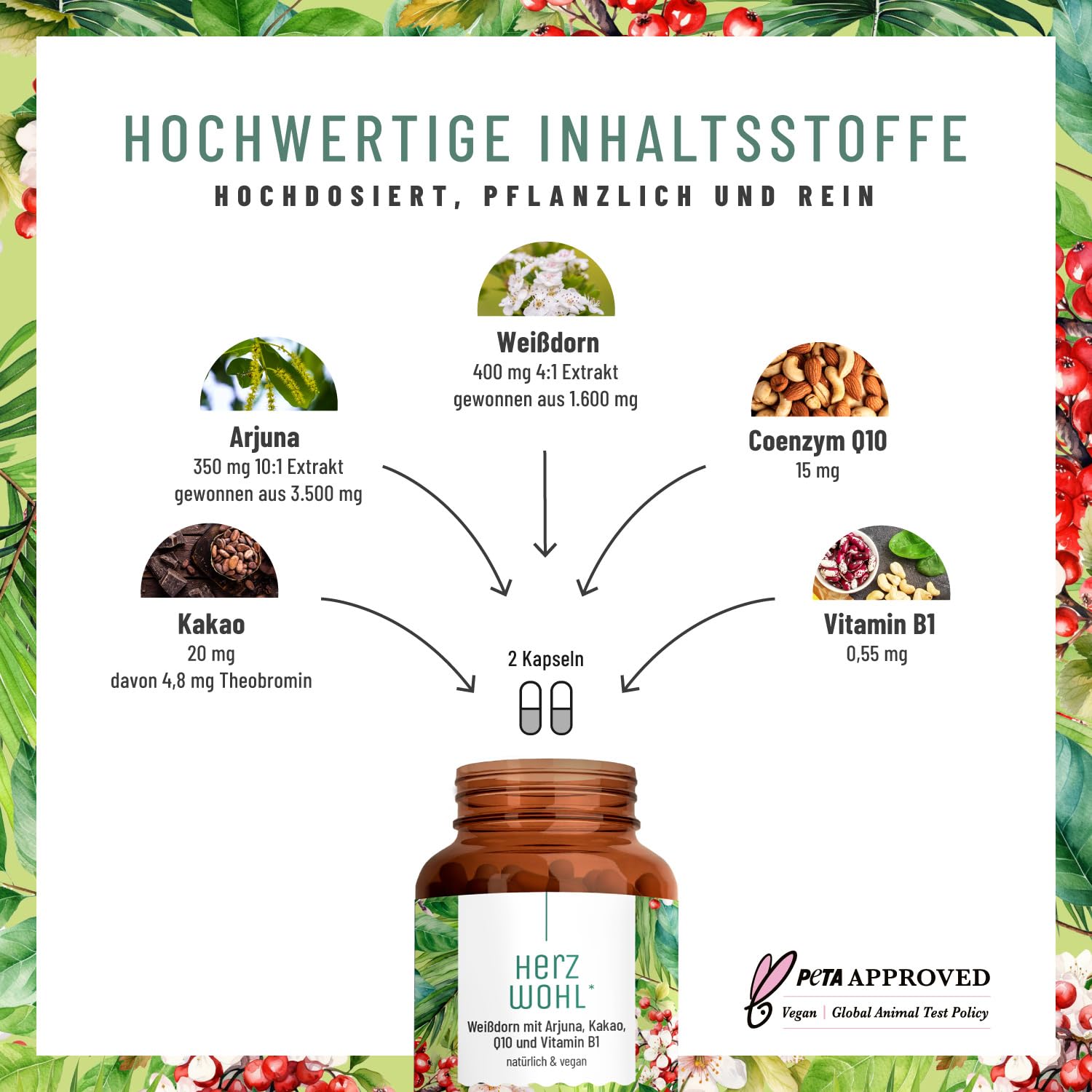 NATURTREU® Herzwohl mit hochdosiertem Weißdorn, Arjuna & Coenzym Q10 - Vorteilsbundle 5er Paket - Natürliche Alternative zu herkömmlichen Venenkapseln
