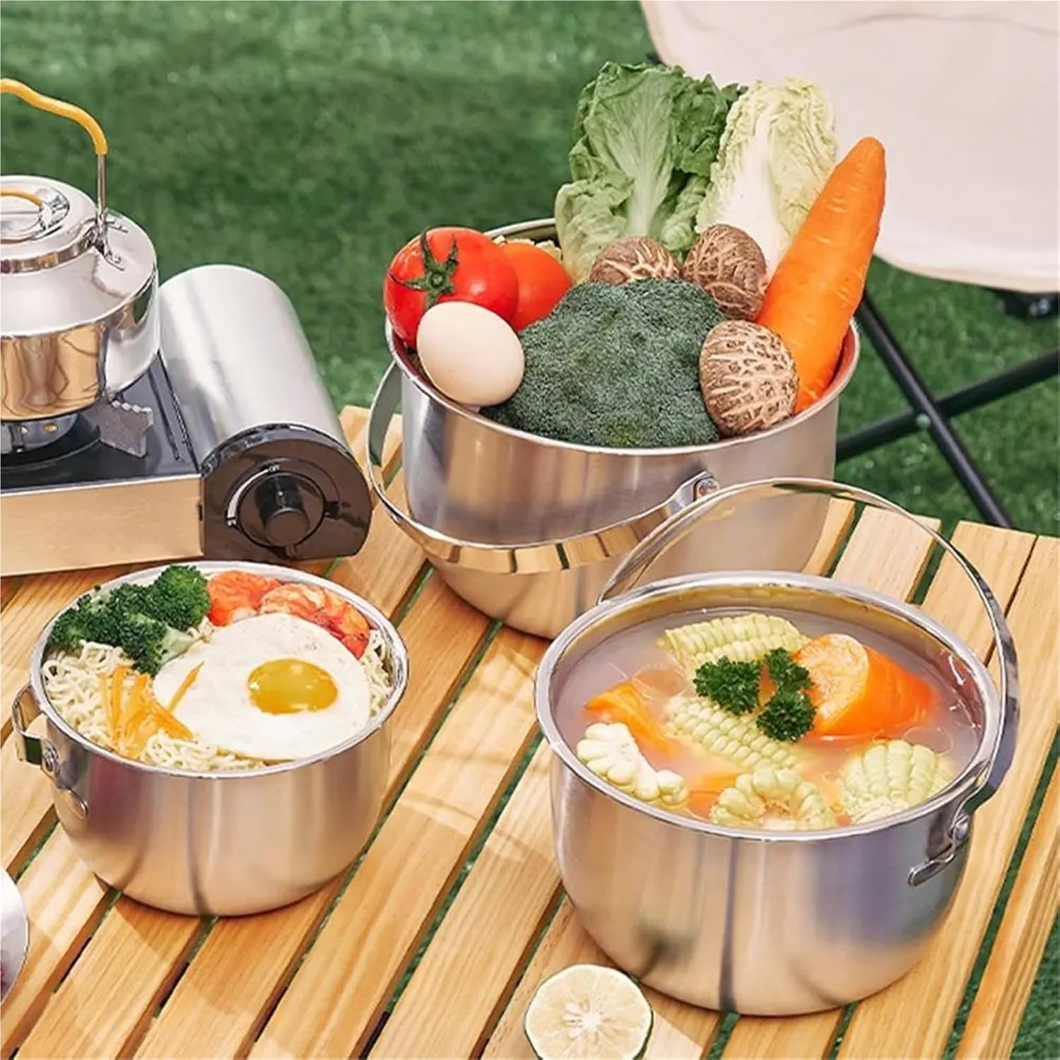 17-26cm Stainless Steel Hanging Camping Pot – Multifunctional Cookware with Handle & Lid for Outdoor Use