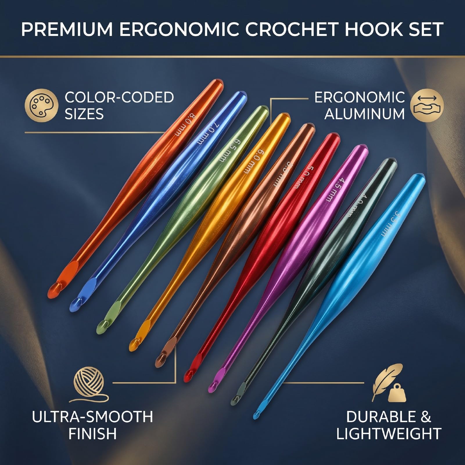 Zunate Zestaw Kolorowych Szydełek 9 szt. 3,5–8,0 Mm Ergonomiczne, Antypoślizgowe Aluminiowe Igły do ​​szydełkowania z torbą do Przechowywania ze Skóry PU, Szydełka Swetrów, Szalików Koce