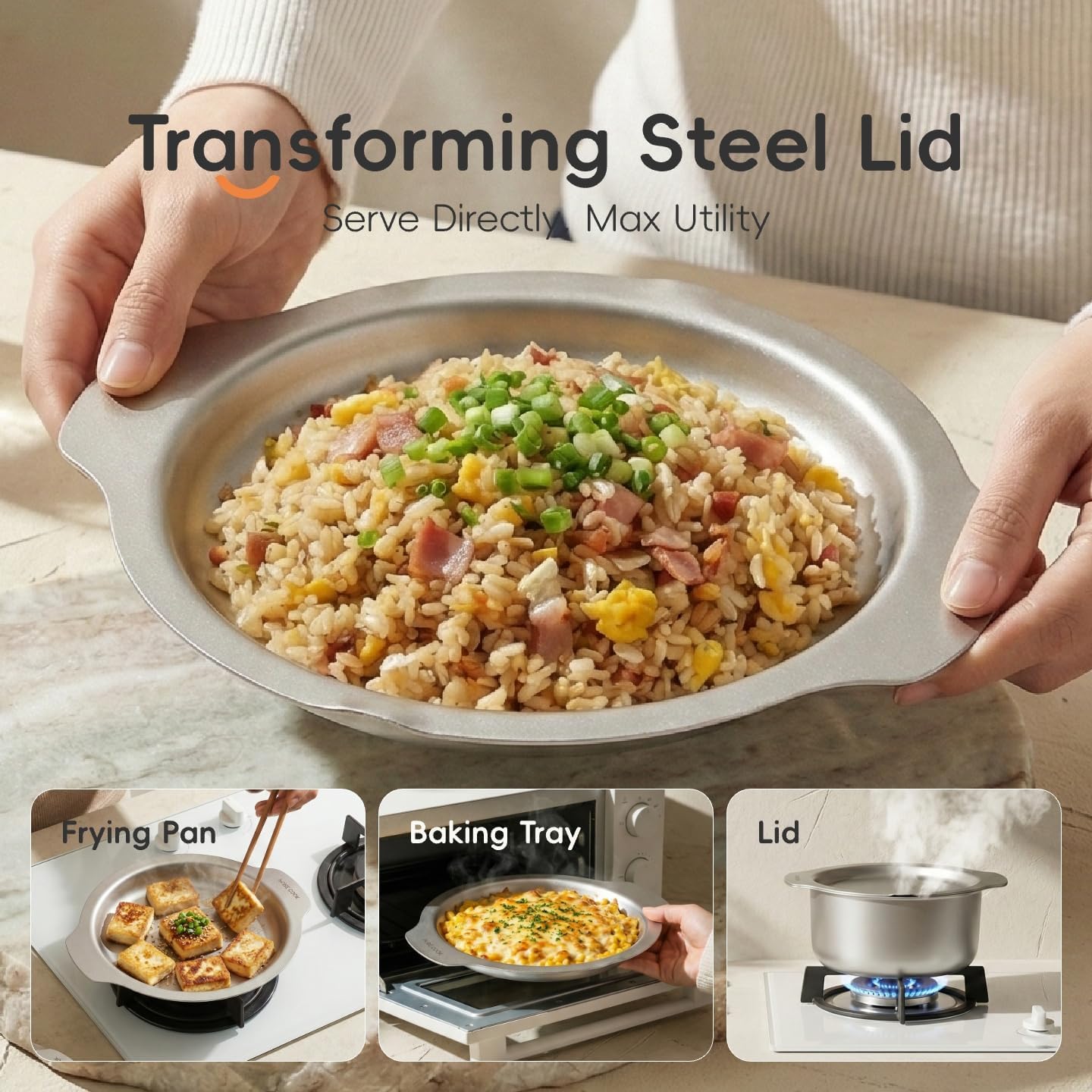 6-Piece Food-Grade 304 Stainless Steel Kitchenware Set (with Scratch-Resistant Finish), Heat-Resistant - Comes With Free Heat-Resistant Silicone Gloves And Lid Knobs, Suitable For Frying, Boiling