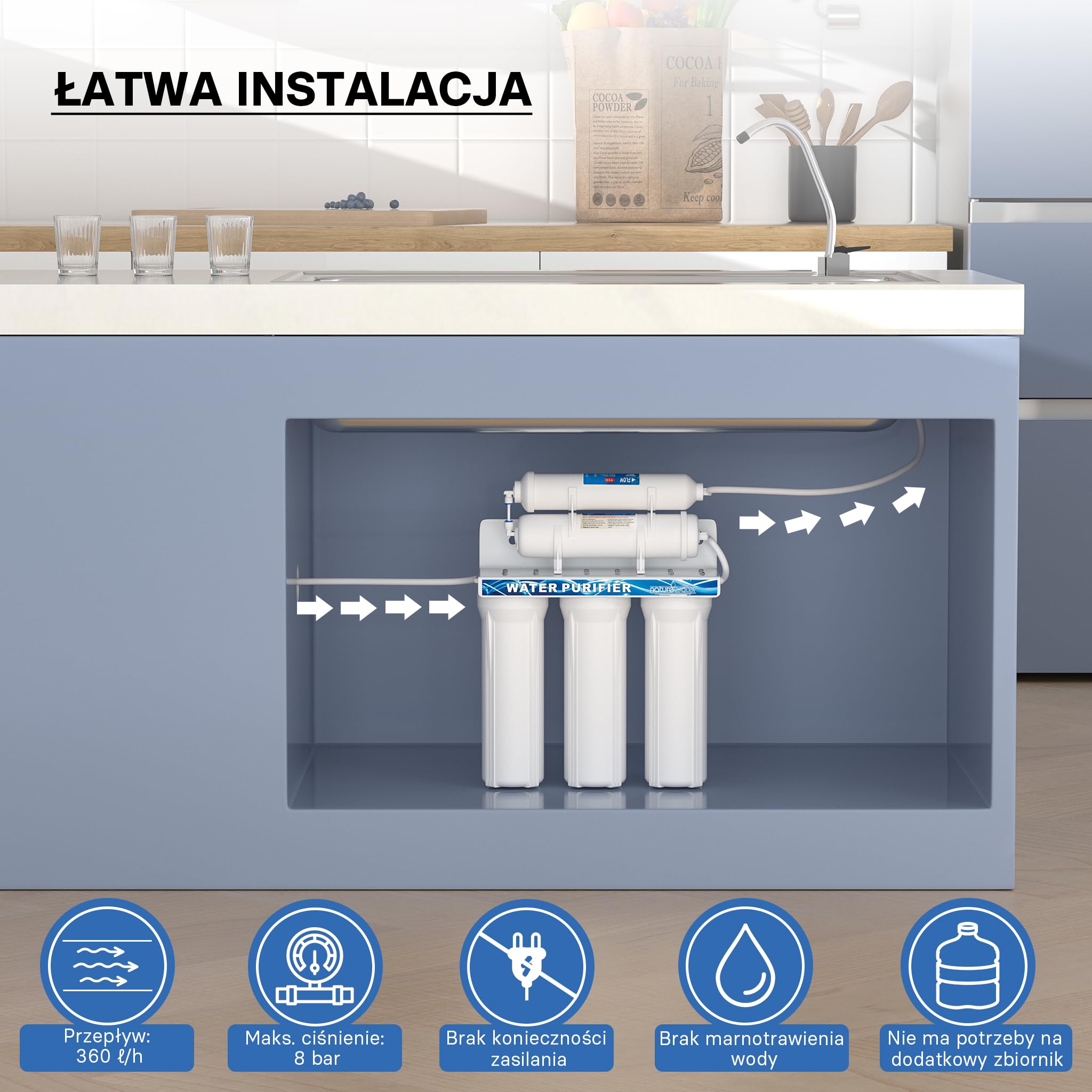 Naturewater NW-PR305 5-stopniowy filtr do wody, 5µ, wkład PP, uchwyt ścienny filtra pod zlewozmywak, klucz do filtra, filtr osadów z węglem aktywnym, kran, wąż 2,5m, krótki zawór trójdrożny kulowy