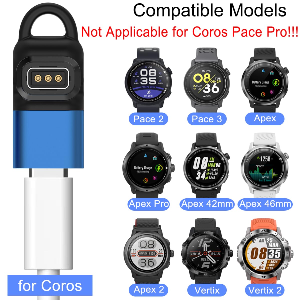 Ładowarka USB C do smartwatcha Coros Pace 2 / Pace 3 / Apex / Apex Pro / Apex 42 mm / Apex 46 mm / Vertix / Vertix 2, konwerter kabli ładujących typu C, 90 stopni adapter kątowy