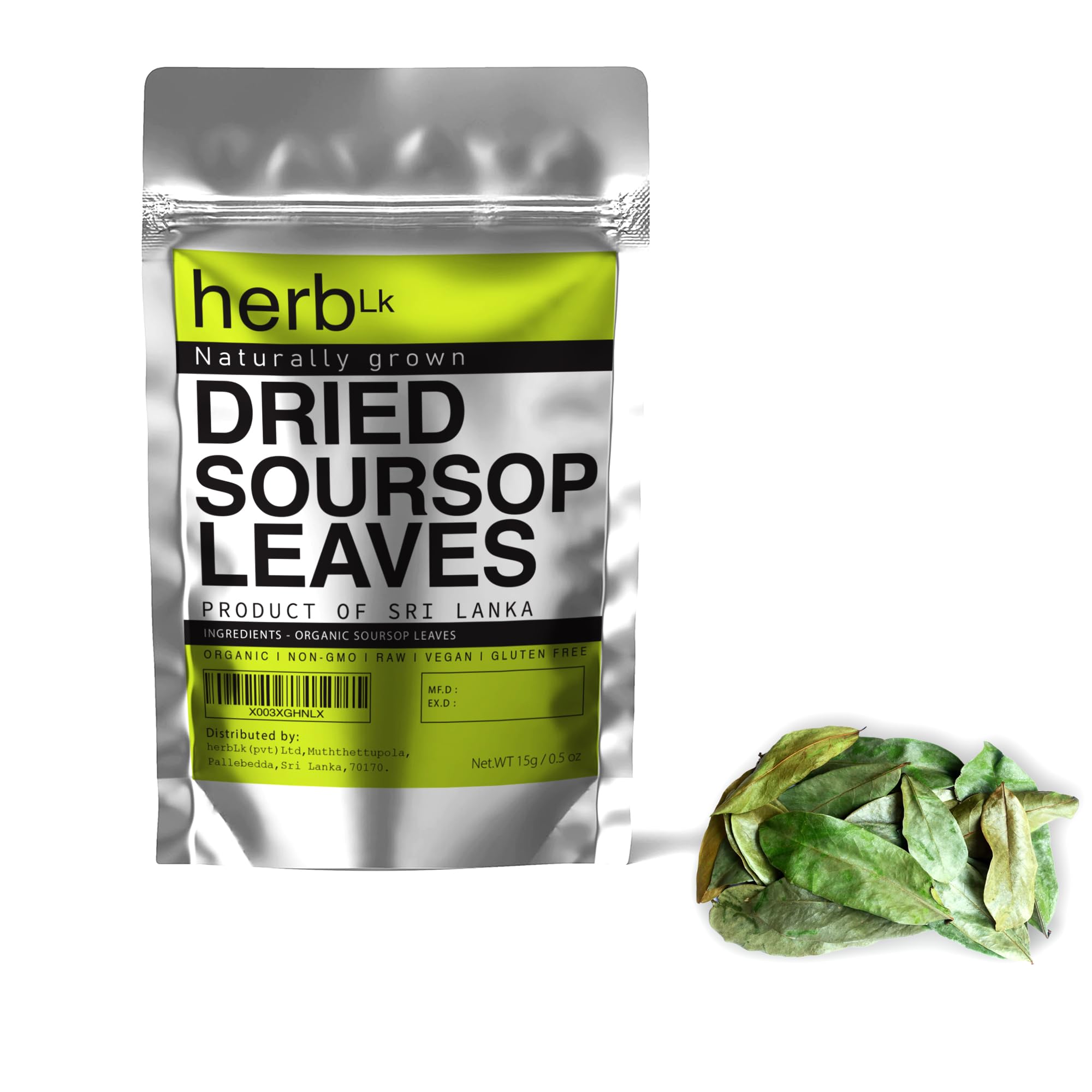 HerbLk, Premium 30+ (15g / 0.5oz) Natural Soursop Dried Leaves Tea, Whole Leaves, Wildcrafted, Graviola, Hoja De Guanabana Loose Leaf Herbal Tea from Sri Lanka