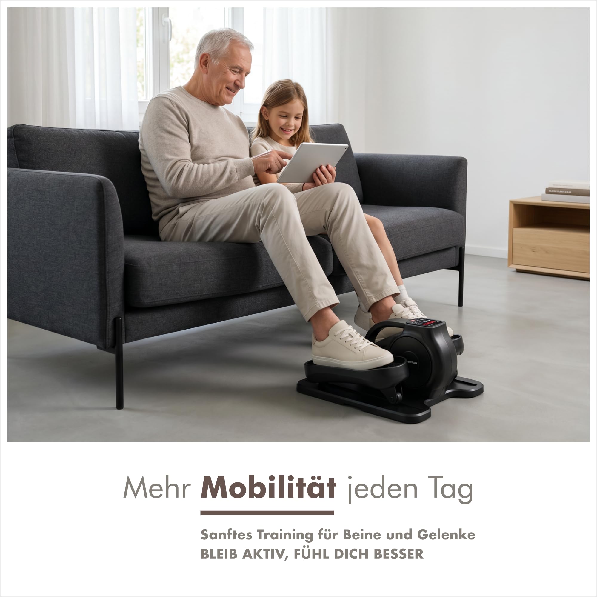 PORTENTUM Mini Ellipsentrainer elektrisch mit Widerstandsbändern – Matte und Schlaufen – Pedaltrainer für Senioren automatisch und manuell mit 12 Geschwindigkeiten – Fernbedienung – Kompakt für Büro