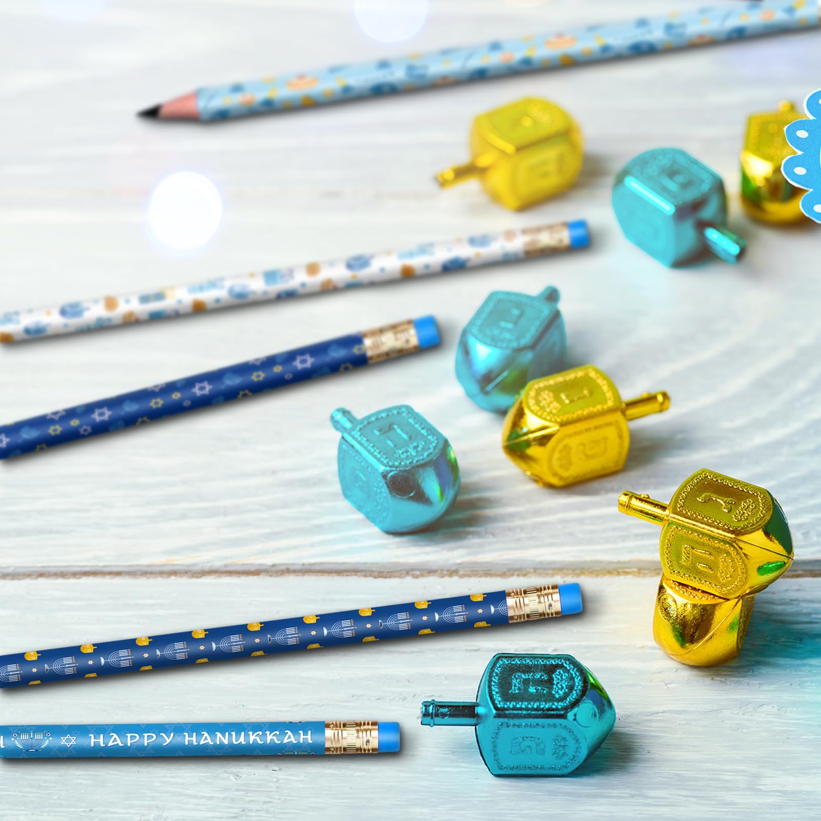 Tenceur 100 lápices de madera de Hanukkah con borrador, surtido de lápices de Janucá, regalo para niños, diversión de escritura, suministros escolares divertidos para aula, recompensa de estudiantes