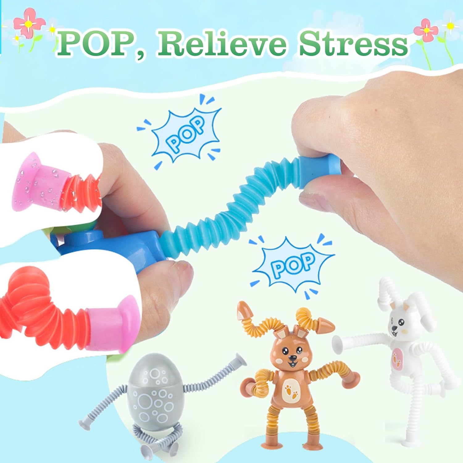 8Pcs Sensory Travel Toys for Airplane Road Trip Car Travel Activities Essential, Suction Autism Pop Tube Fidget Toy Autistic, Christmas Halloween Stocking Basket Stuffer Gift for Girls Boys 3 4 5 6