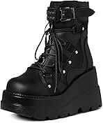 Tscoyuki Platform Ankle Boots for Women Chunky High Heel Booties Goth Round Toe Combat Boots Women Lace Up Motorcycle Wedges