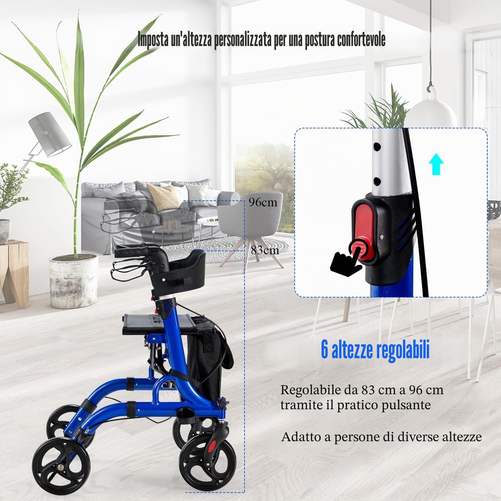 HOMASIS Deambulatore per Anziani 4 Ruote, Carrello per Anziani per Camminare con Seduta e Maniglie Regolabili, Rollator Pieghevole con Doppio Freno/Borsa Portaoggetti, Portata 150kg (Blu)