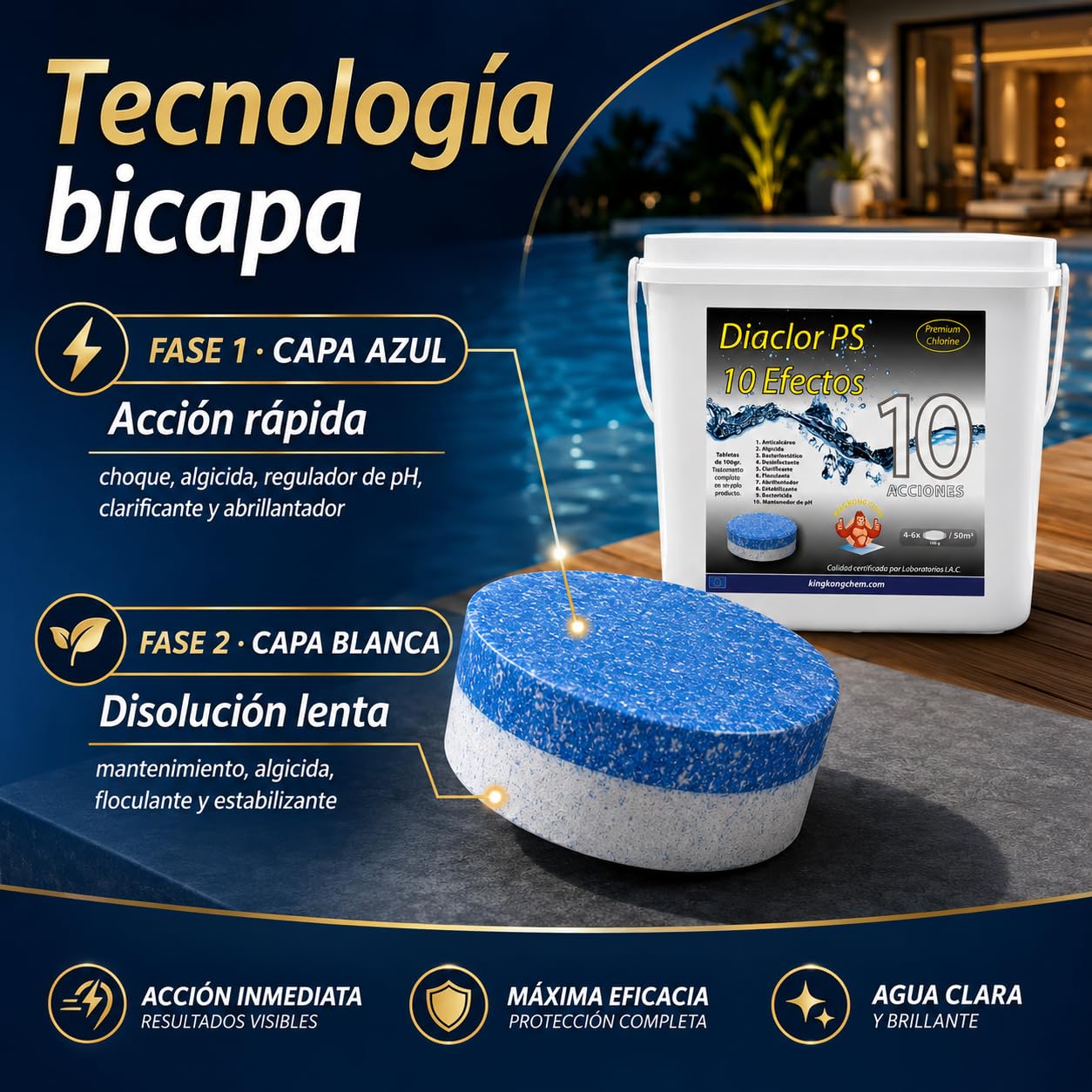 Pack 2 UDS - Cloro Total para Piscinas DIACLOR PS 10 Efectos 10 KG (2x5 KG) 100 Pastillas de Cloro Multiacción (100 gr) - Tratamiento Completo Profesional 10 Acciones