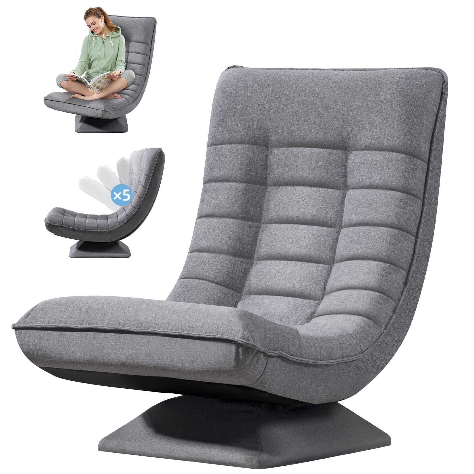 Bodenstuhl verstellbare Rückenlehne, 360° Drehbar Klappbar 150kg Gepolstert, Gaming Sessel Wohnzimmer Relaxsessel, Atmungsaktive Leinen Fernsehsessel, Lesesessel, Bodensessel, Grau