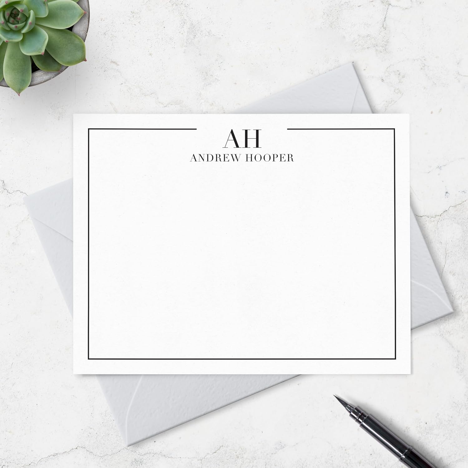 Fairmont & Grove Personalized Note Card & Envelope Stationary Set with Border, Monogram and Full Name, Custom Stationery Set of Flat Notecards in Choice of Colors Paper Co. (Style #3)