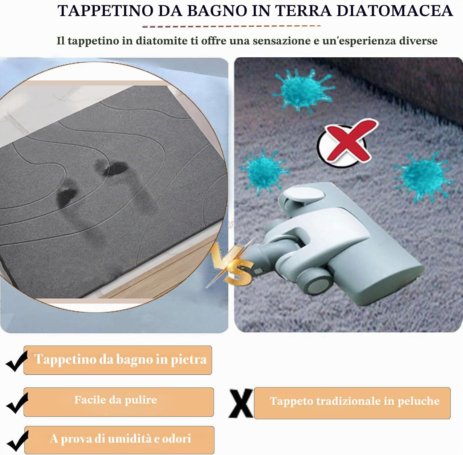 Tappetino da Bagno in Pietra – Set di 2 Pezzi Tappetino Doccia Super Assorbente in Terra di Diatomee, Tappetino da Vasca Antiscivolo ad Asciugatura Rapida (Grigio Scuro*2)
