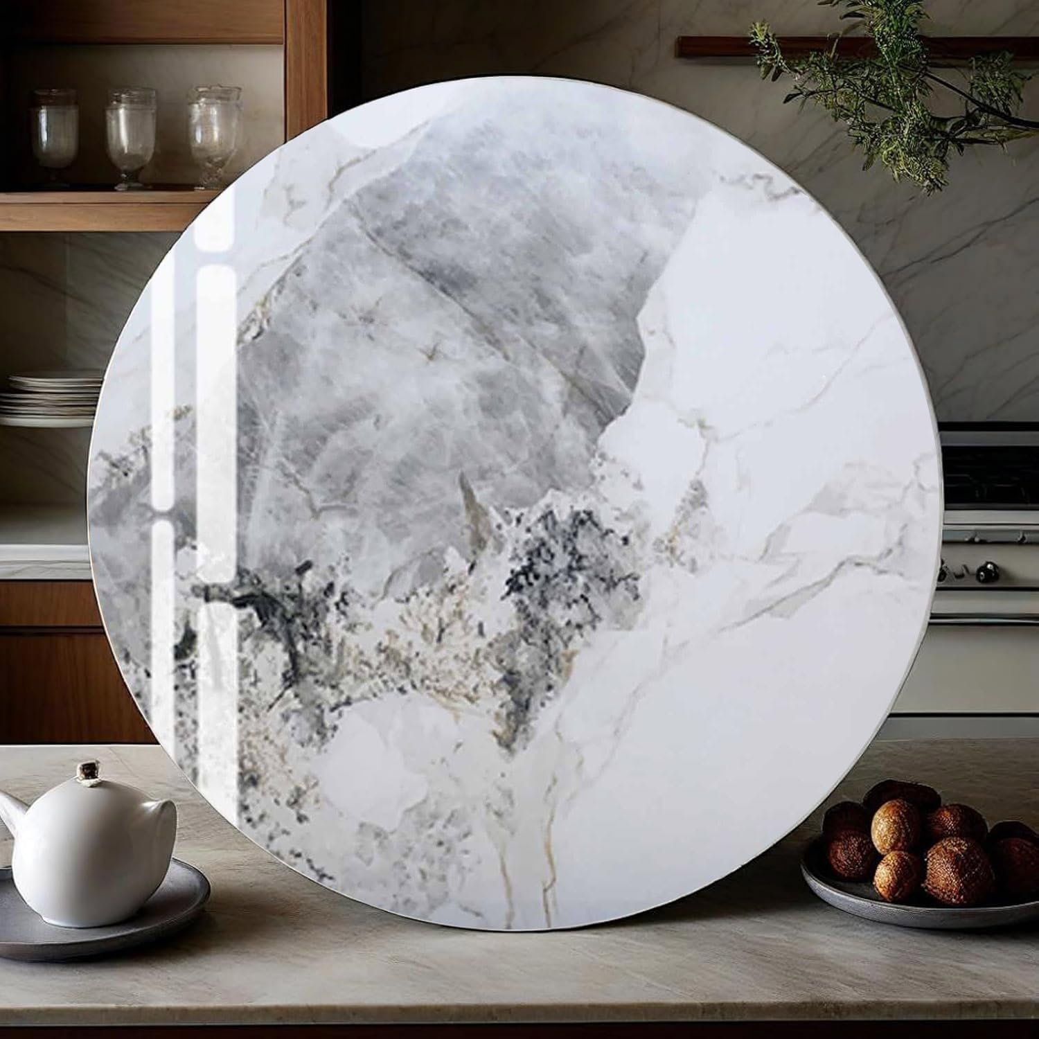 Gramofon z teksturą marmuru 61 cm do 100 cm obrotowa taca do serwowania na stół jadalny, centralny element, gładka obrotowa taca ze spiekanego kamienia (naturalna 60 cm)