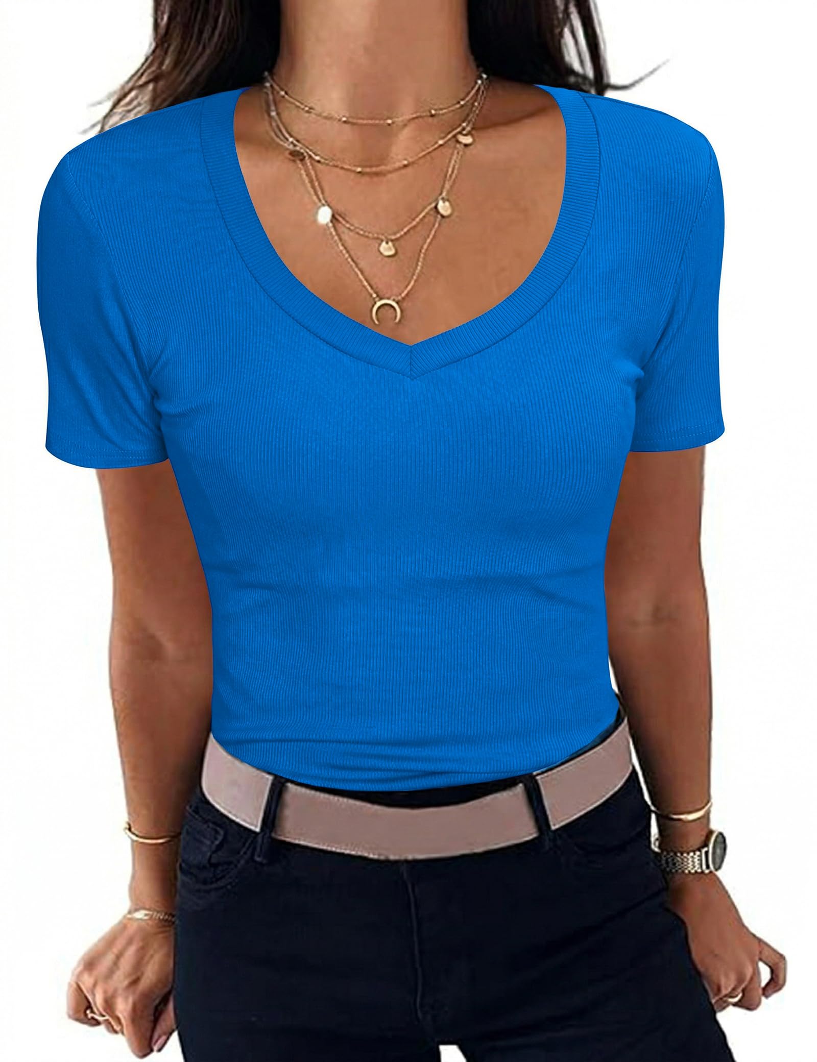 Aottori Damen T-Shirt V-Ausschnitt Elegant Oberteile Kurzarm Gerippt Basic Tee Shirts Slim Fit Tshirt Stretch Casual Sommer Tops