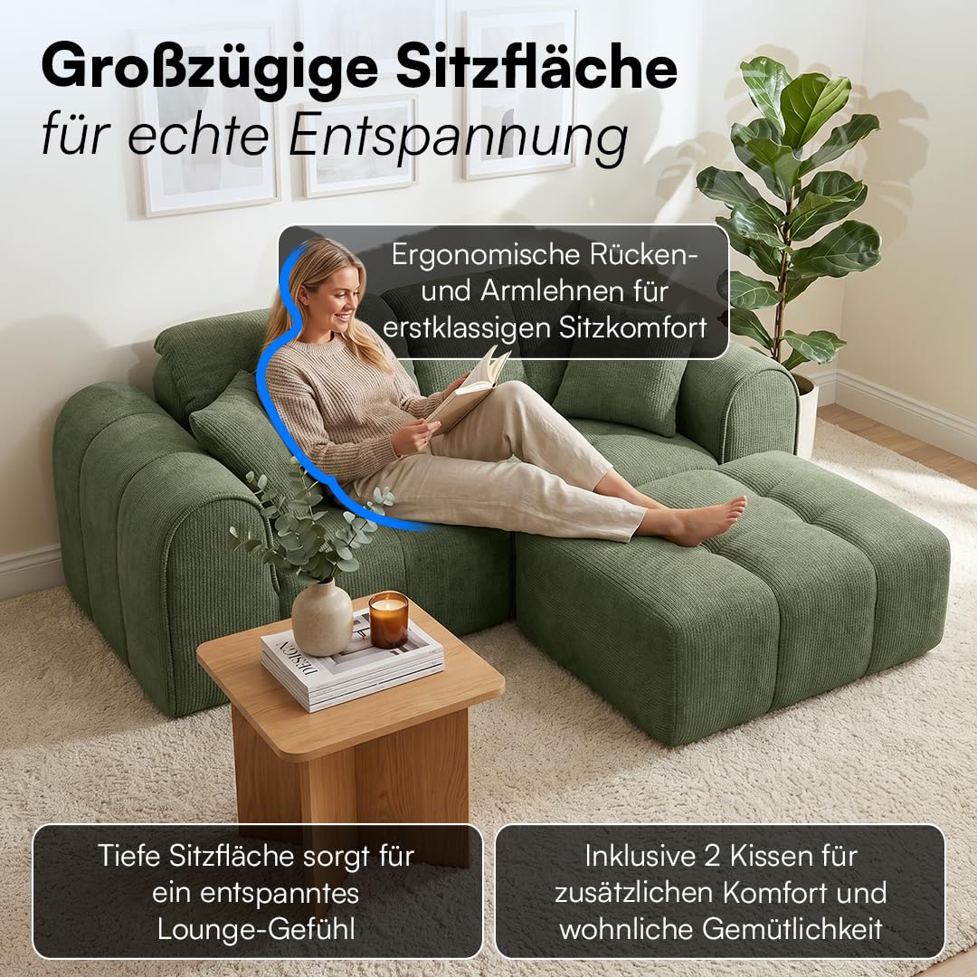 skølm Vanaheim Sofa 2-Sitzer mit Hocker, Cloud Couch, Dunkelgrün, 2 Kissen