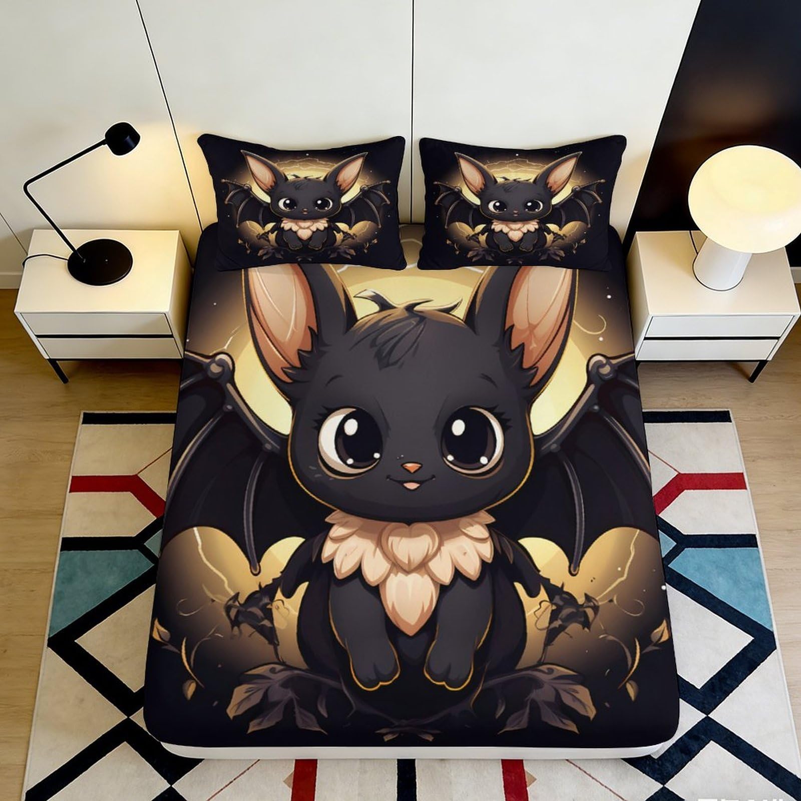 3D Printed soft touch Fitted Sheet with black bat cartoon, Microfiber, wrinkle resistant, home decor, guest room bedding, easy care, anti-slip, dustproof 90x200x25cm