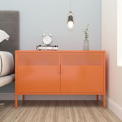 Miniatura 8 de Armario decorativo de 2 puertas, armario de almacenamiento de metal naranja con estante ajustable, estante de 2 niveles, almacenamiento de casillero