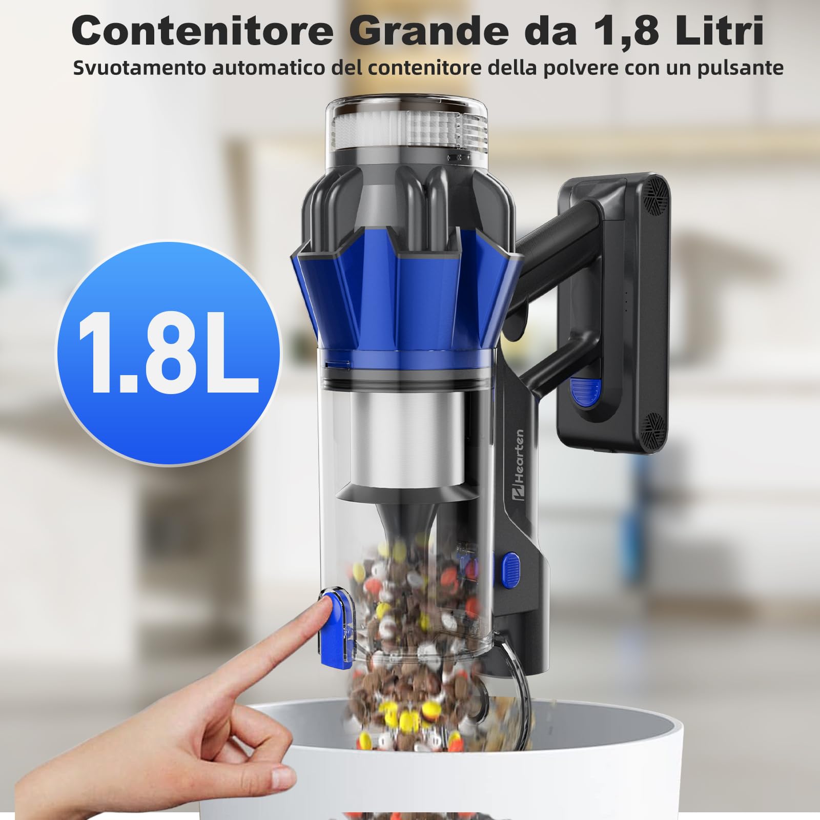 Hearten Aspirapolvere Senza Fili, 70000Pa/ 600W/ 65min/ 1,8L, 4 Livelli Potenza, Display LED Colorato, Rilevamento Polvere, Flessibile Incluso, Filtrazione 8 Livelli, Peli Animali, Pavimenti Duri,Auto