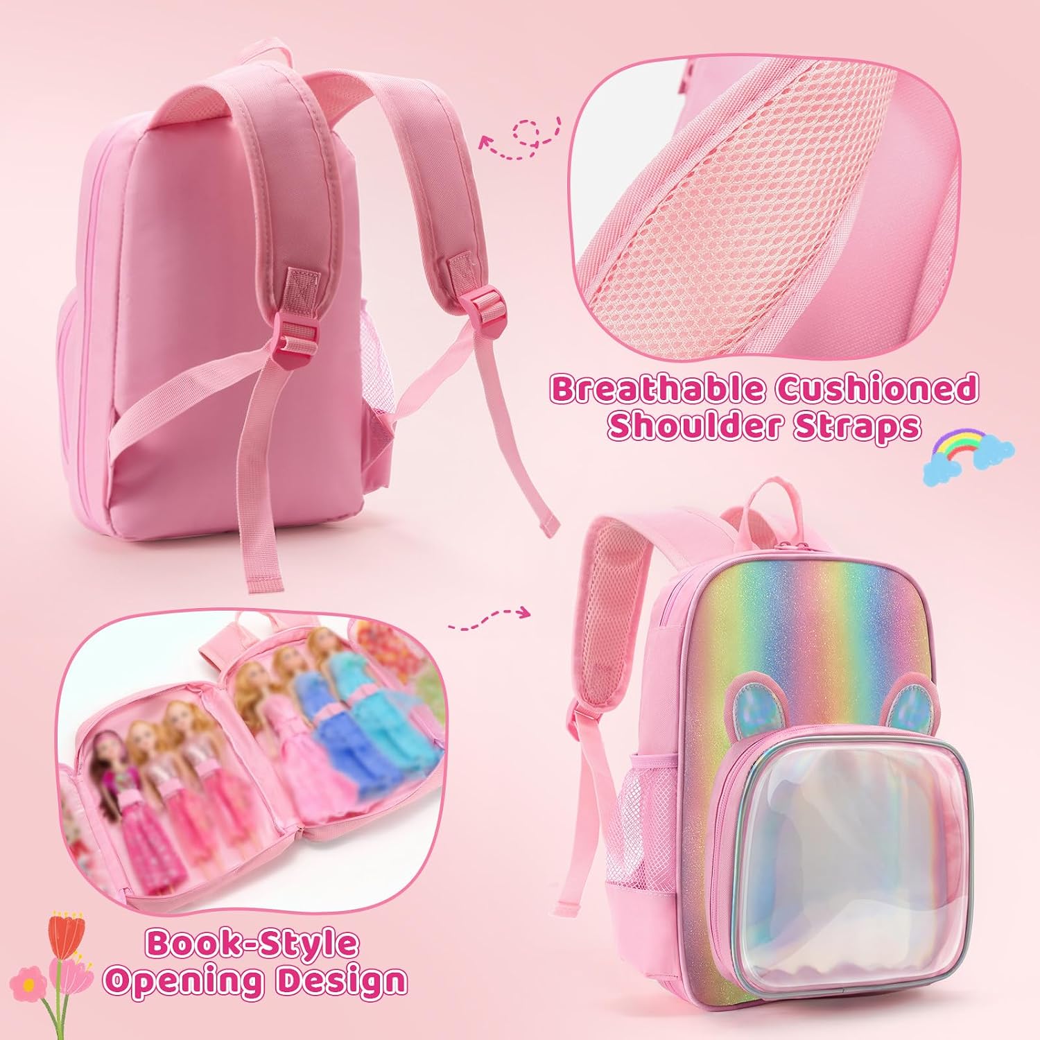 Carrying Backpack Compatible with Barbie Dolls 12-Inch,Travel Storage Organizer with Fix Strips Holds up to 6 Dolls，Multiple Pockets for Clothes & Accessories,Bag Only(Pink) image 5