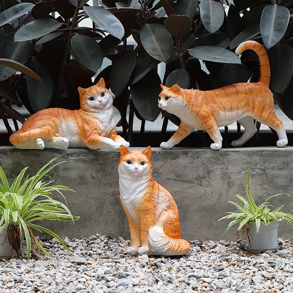 Statue Chaton Endormi En Résine - Décoration Jardin, Maison, Patio, Dimensions 14x6x7.5 Cm, Réaliste, Couleur Orange