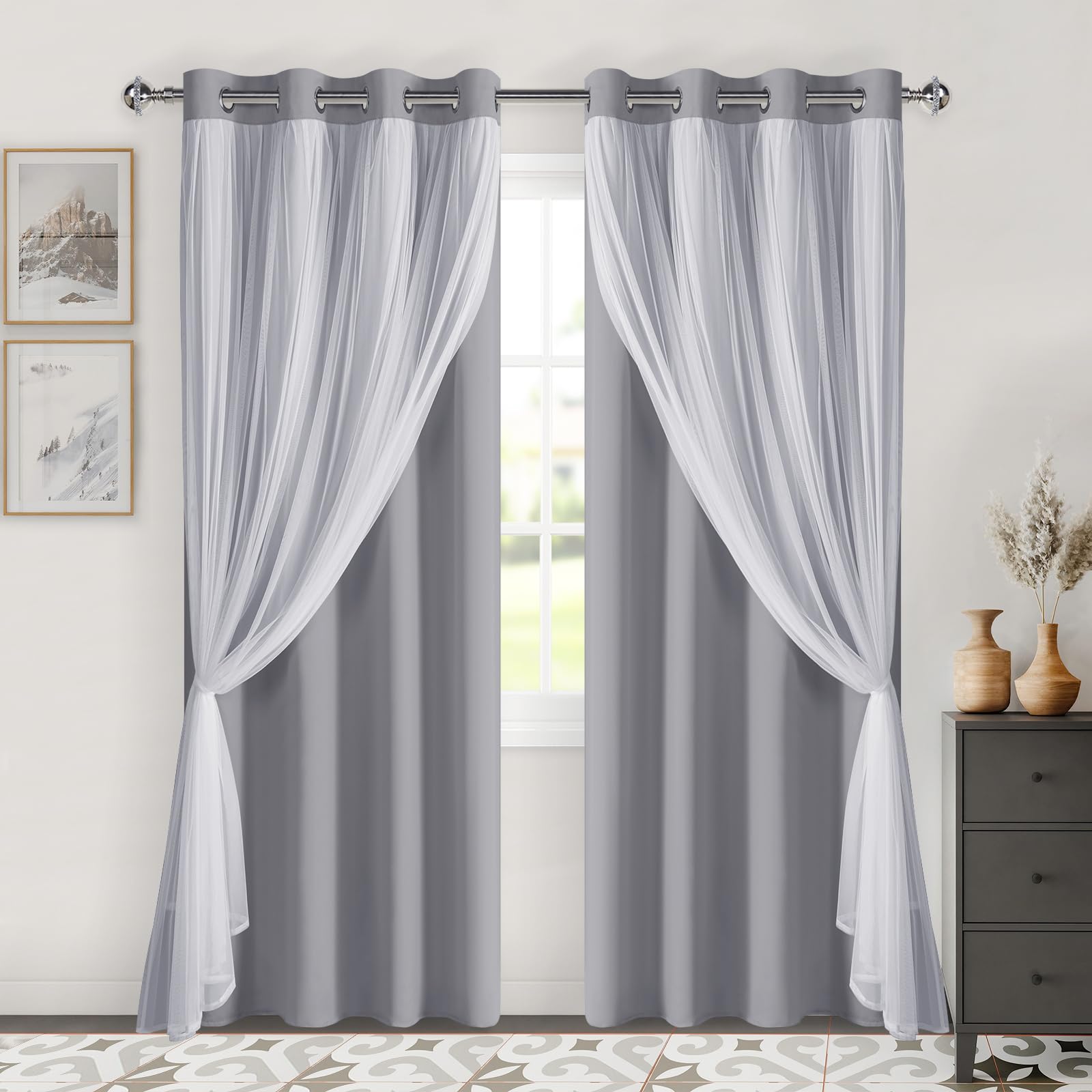 DWCN Grey Layered Curtains for Living Room Blackout and Sheer Curtains with Tiebacks Grommet Top Window Curtain Panels with Sheer Overlay for Bedroom,
