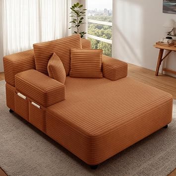 61" Boneless Chaise Lounge, Corduroy Sofa Bed, Orange