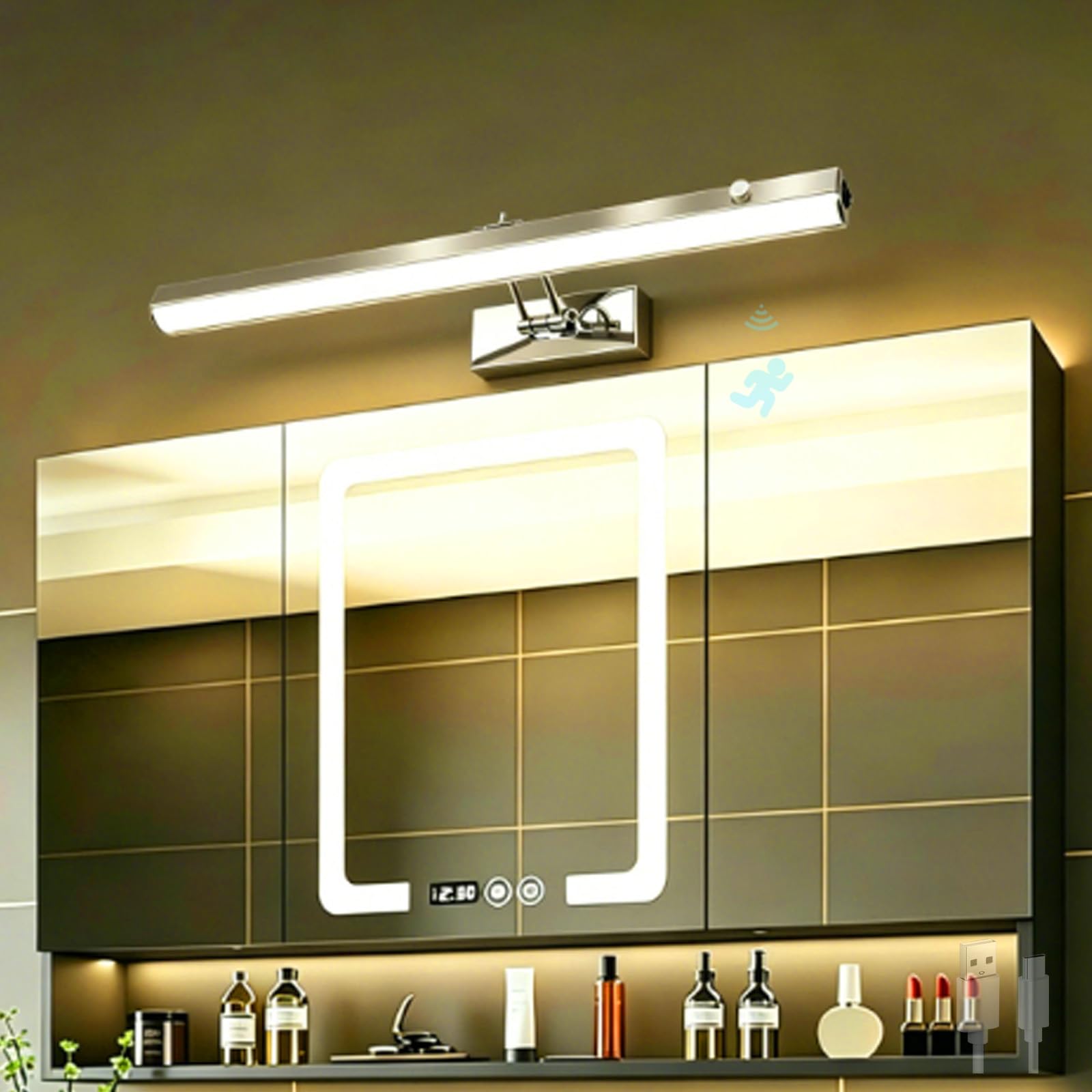 Interior Largo Aplique de Pared LED Baño Espejo Lámpara de Pared con 180° Sensor de Movimiento Luz de Pared USB Recargable Rotación con Interruptor para Dormitorio (30cm,Plateado Luz Cálida)